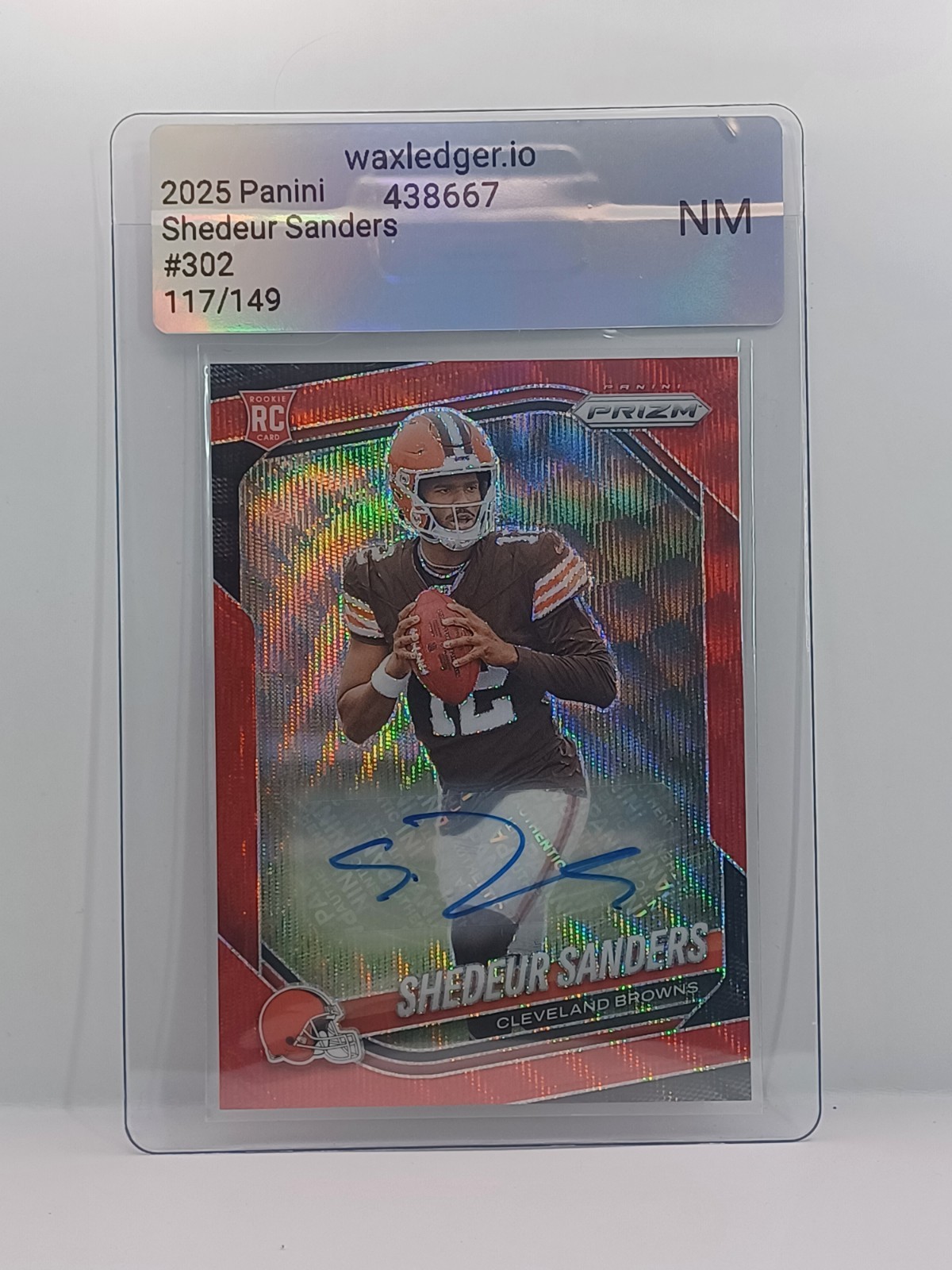 Shedeur Sanders (RC) 2025 Panini Prizm Auto Red Wave #302 117/149