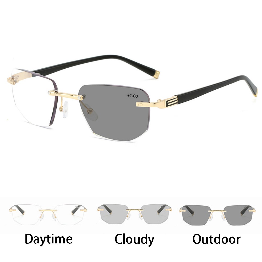 Photochromic Multifocal Reading Glasses Rimless Eyeglasses Presbyopia Glasses