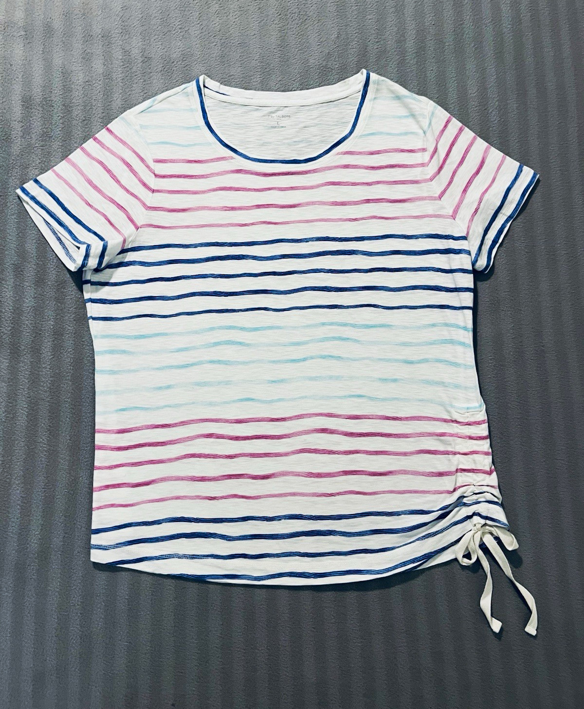 T by Talbots Women’s L White Blue Pink Striped Knit Cotton Drawstring Side Tee T by Talbots Women’s L White Blue Pink Striped Knit Cotton Drawstring Side Tee