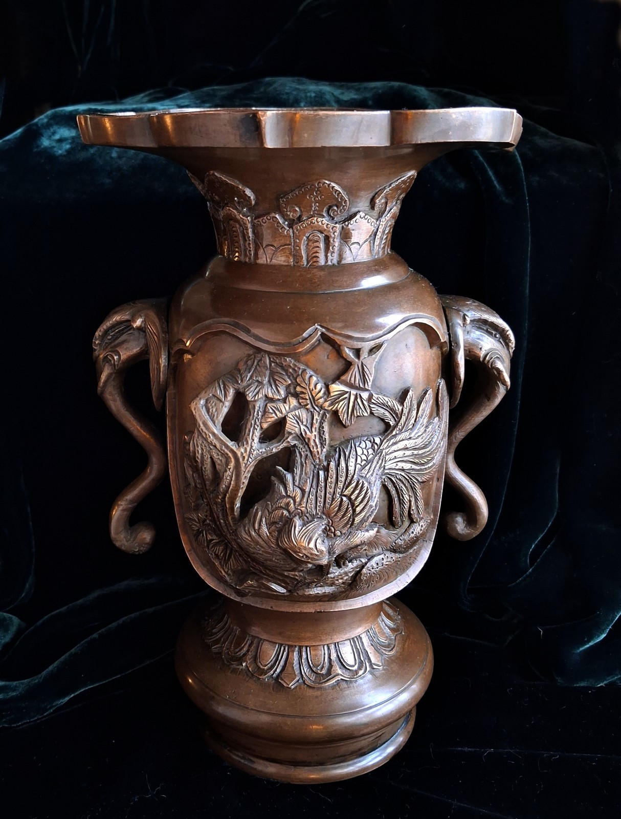 Antique Japanese Meiji Bronze Vase, High Relief  Phoenixes, Elephant Handles