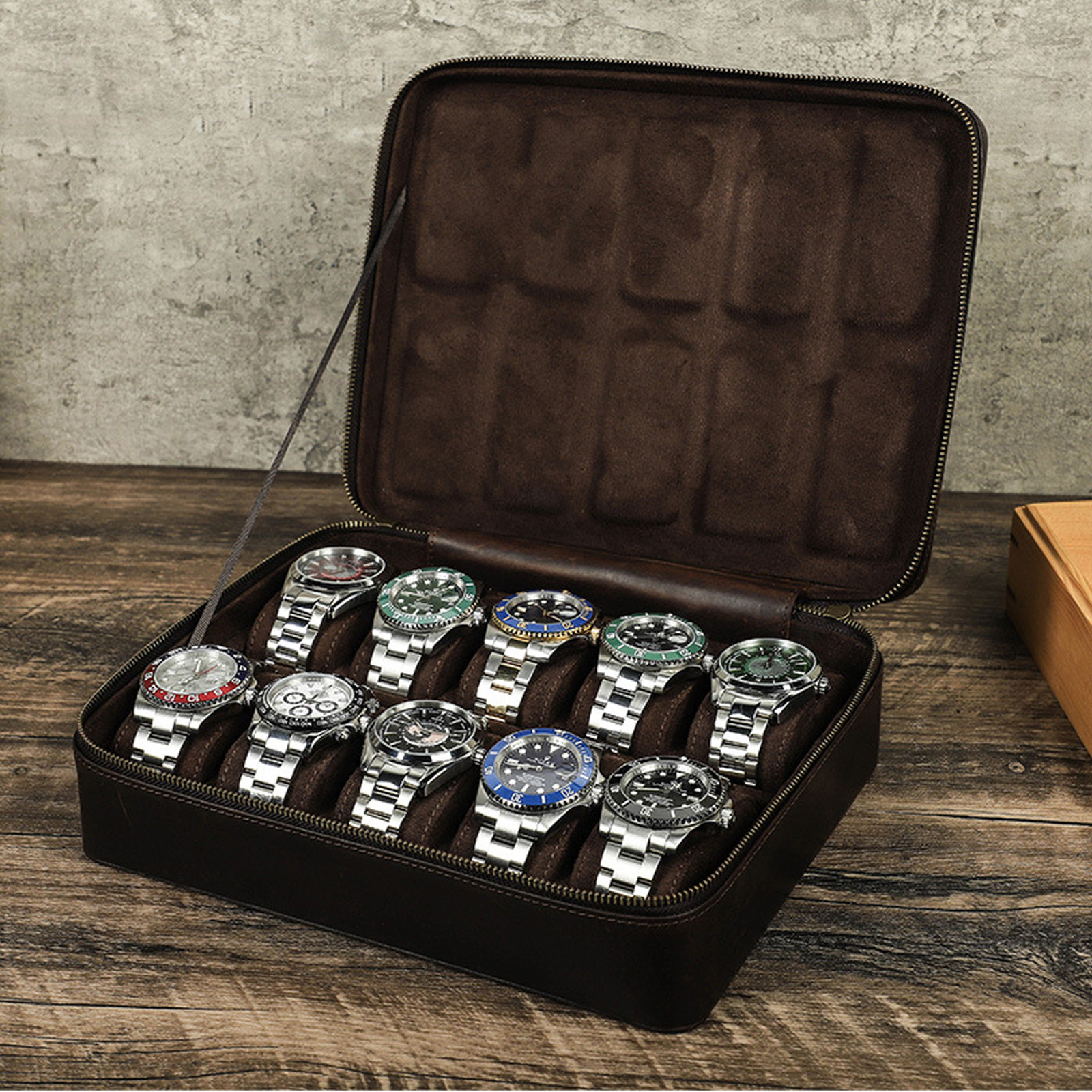 10-Slot Watch Box Travel Organizer Case Handmade Vintage Crazy Horse Leather