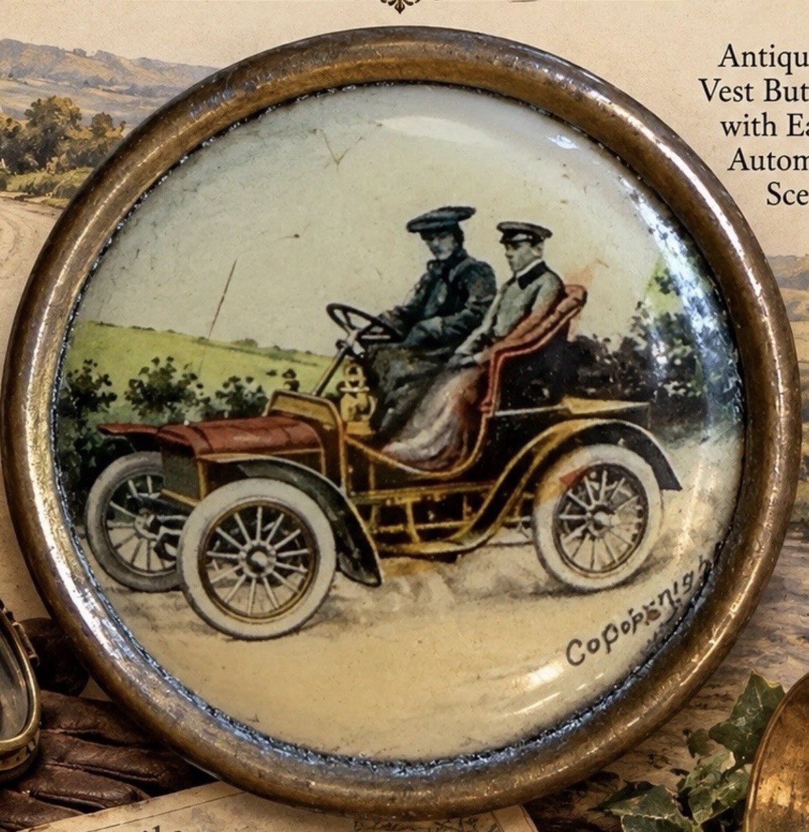 Antique Early Automobile Litho Celluloid Waistcoat Vest Button 9/16\