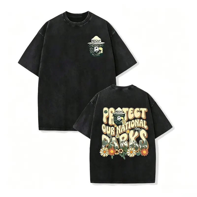 Stone Washed Smokey Bear Floral Vintage Loose Pure Cotton Graphic Tee