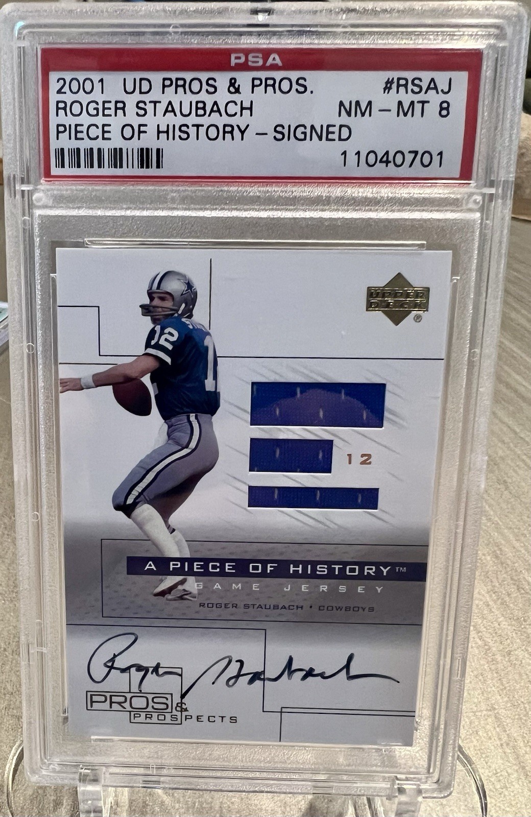 Upper Deck 2001 Pros & Prospects Roger Staubach Auto Jersey #RS-AJ PSA 8 Upper Deck 2001 Pros & Prospects Roger Staubach Auto Jersey #RS-AJ PSA 8
