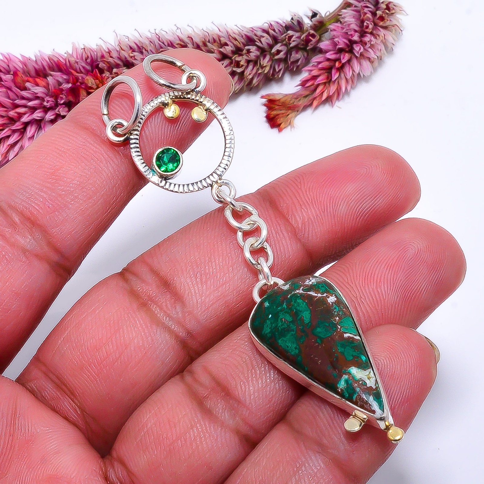 Cuprite Chrysocolla - Africa & Diopside 925 Silver Two Tone Pendant 2.81\