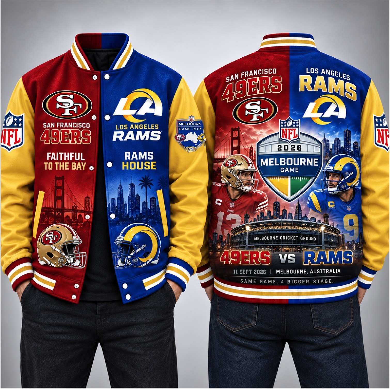 San Francisco 49ers VS Los Angeles Rams 2026 Melbourne Game Baseball Jacket