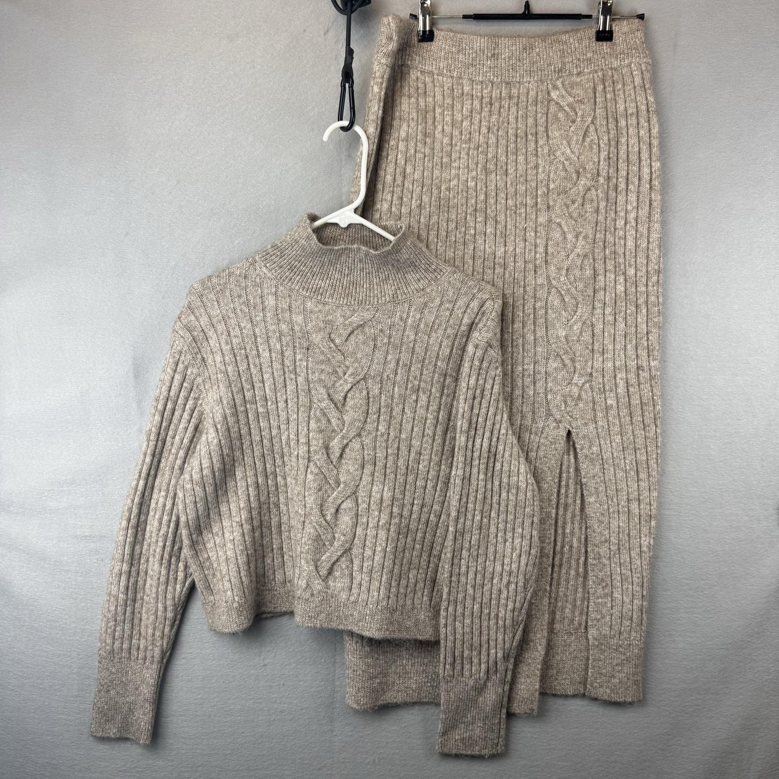 Ophelia Roe Sweater Skirt Set Womens Medium Beige Ribbed Cable Knit Mock Neck