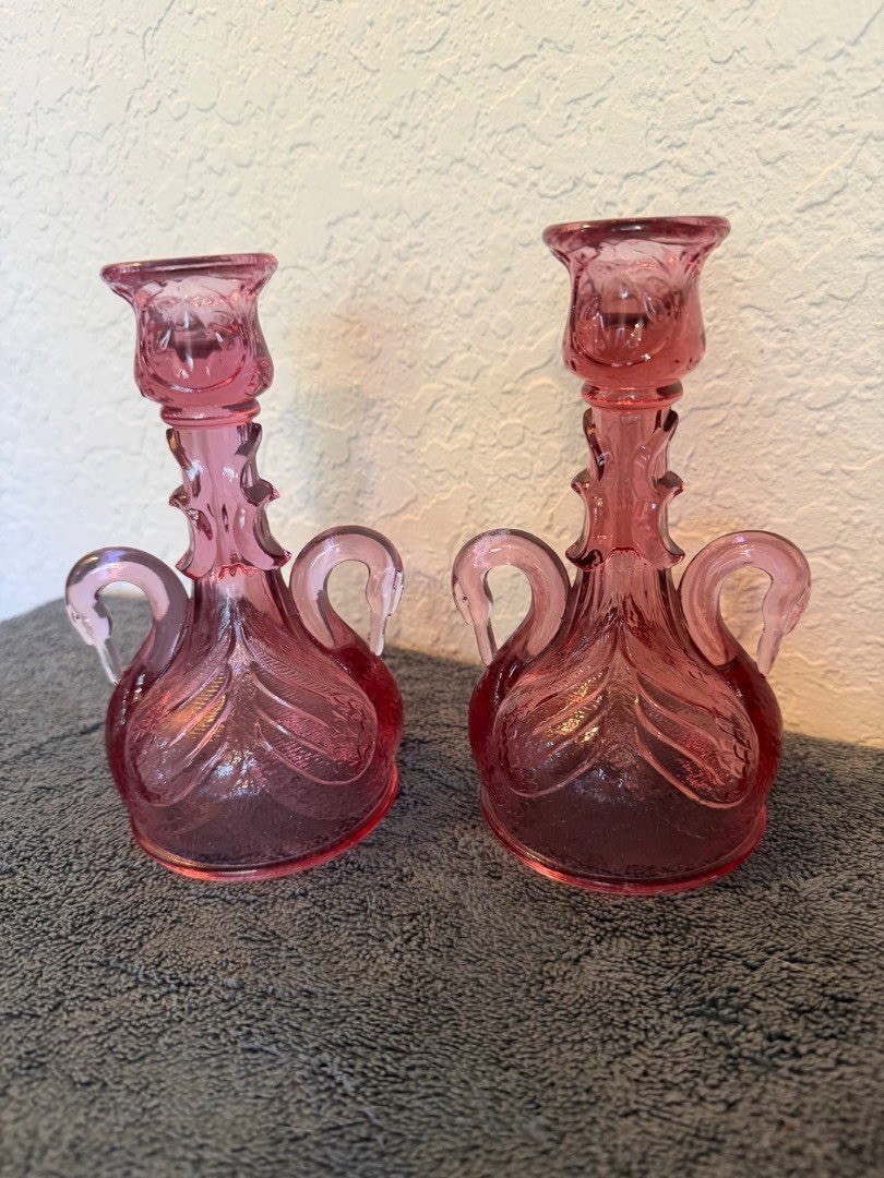 Two Vintage Fenton Cranberry Pink Art Glass Swan Handle Candlestick Holders 6.5