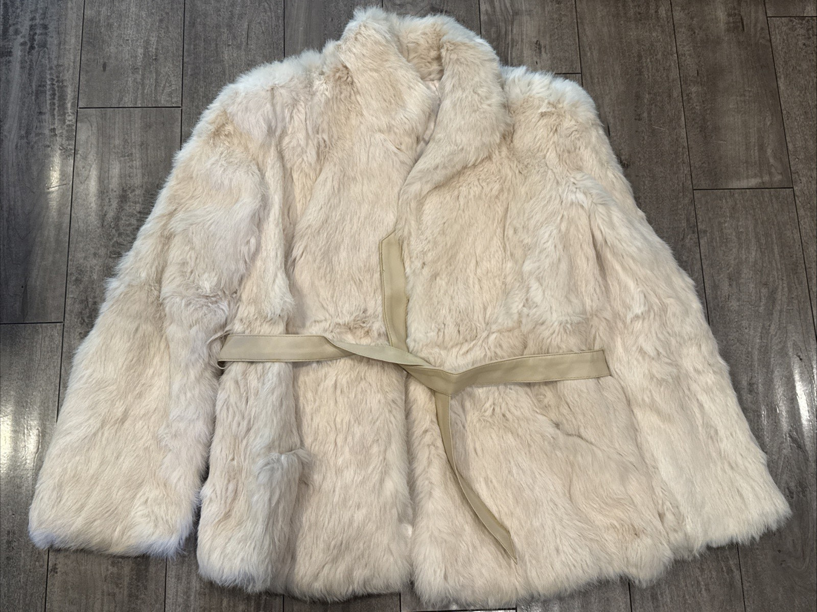 Vintage Jacques Saint Laurent Womens Rabbit Fur Coat Cream Fur Collar Sz L