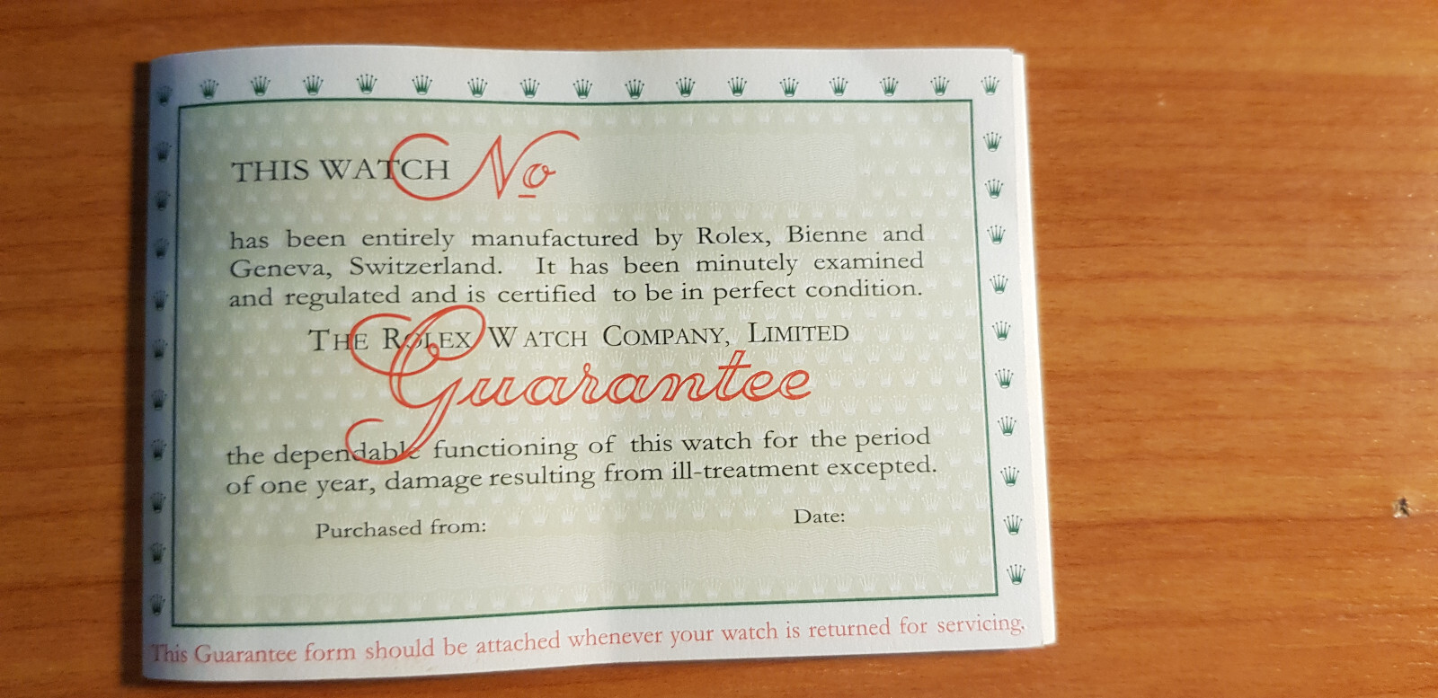 Rolex vintage Guarante Card blanc 1957 english ref: RP 1129.X.55-50000