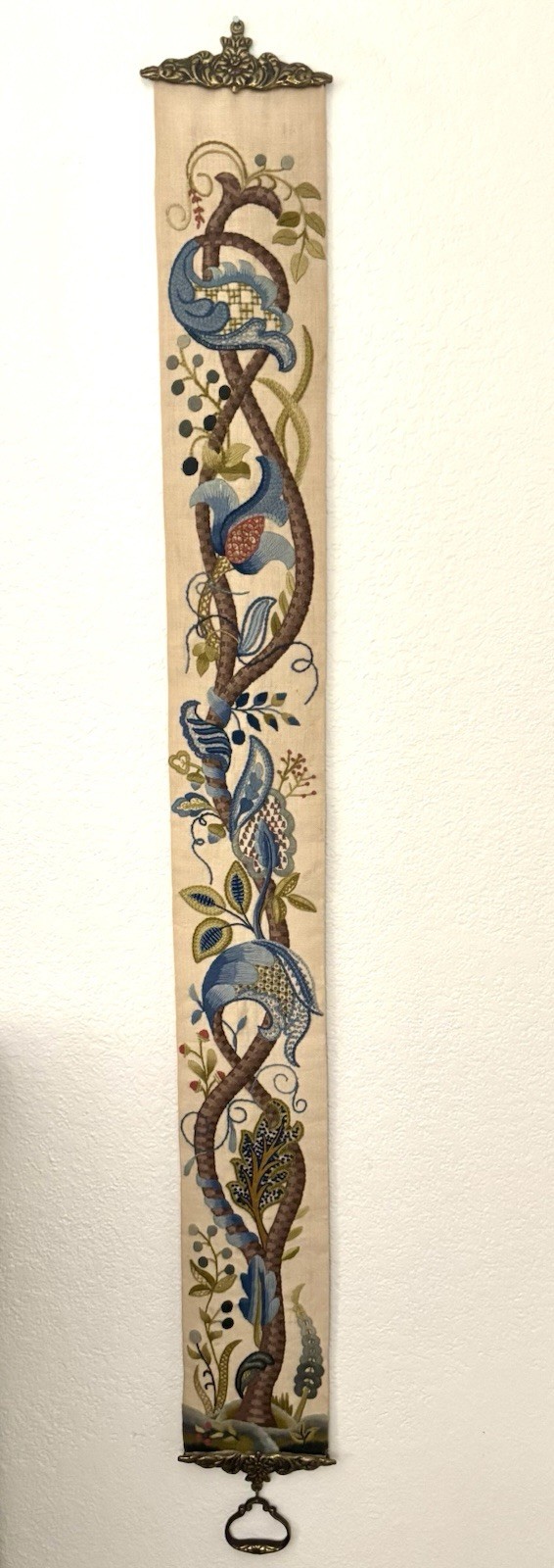Vintage Tudor Jacobean Crewel Embroidered Bell Pull With Brass 59.5x6 Circa 1975