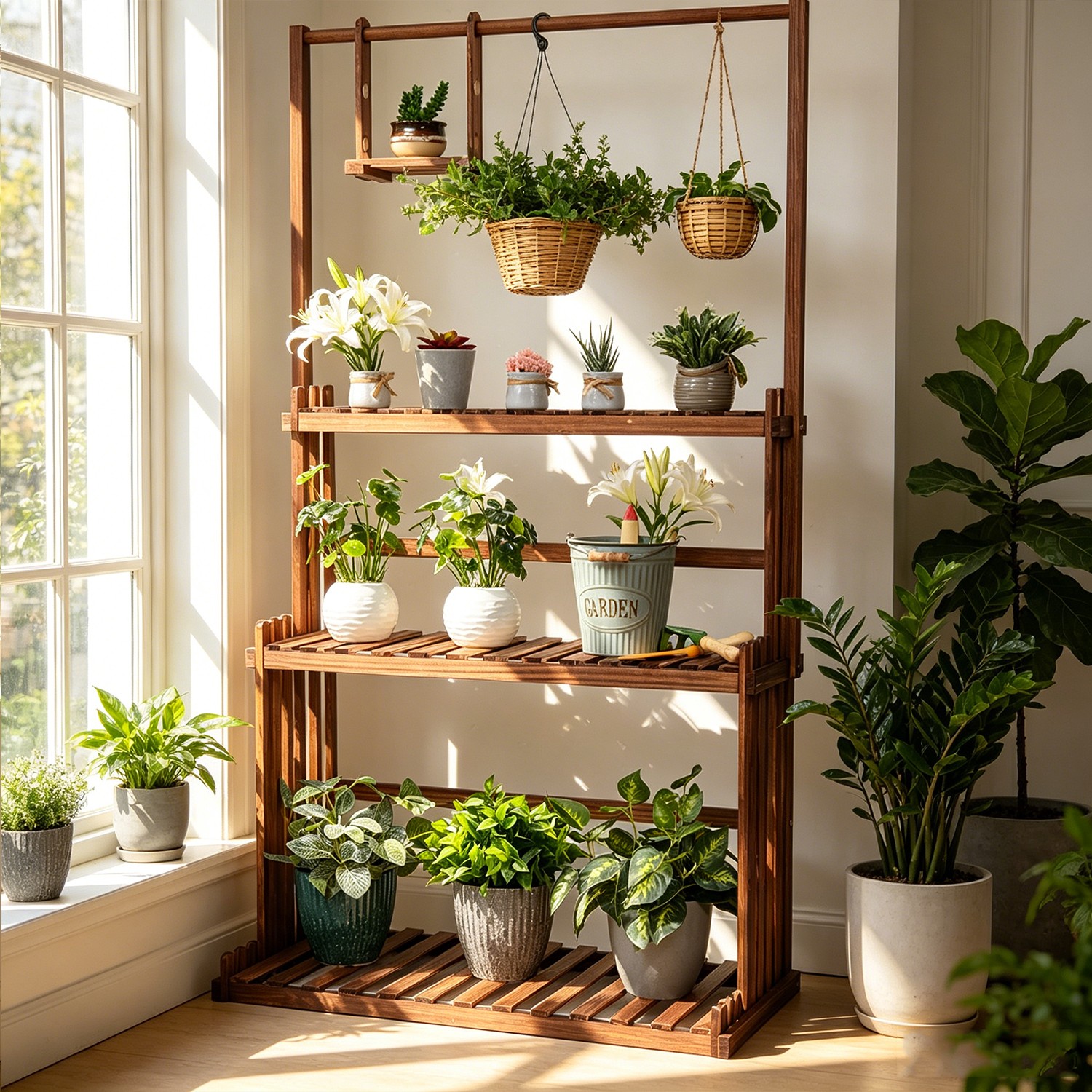 Wood Plant Stand 3-Tier Hanging Pots Flower Shelf Indoor Outdoor Garden Display