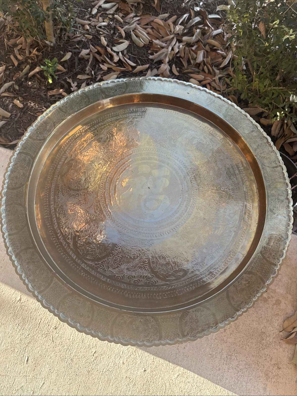 Vintage Brass China Large Scallop Good Fortune Plaque Tray Wall Table Top 28” Vintage Brass China Large Scallop Good Fortune Plaque Tray Wall Table Top 28”