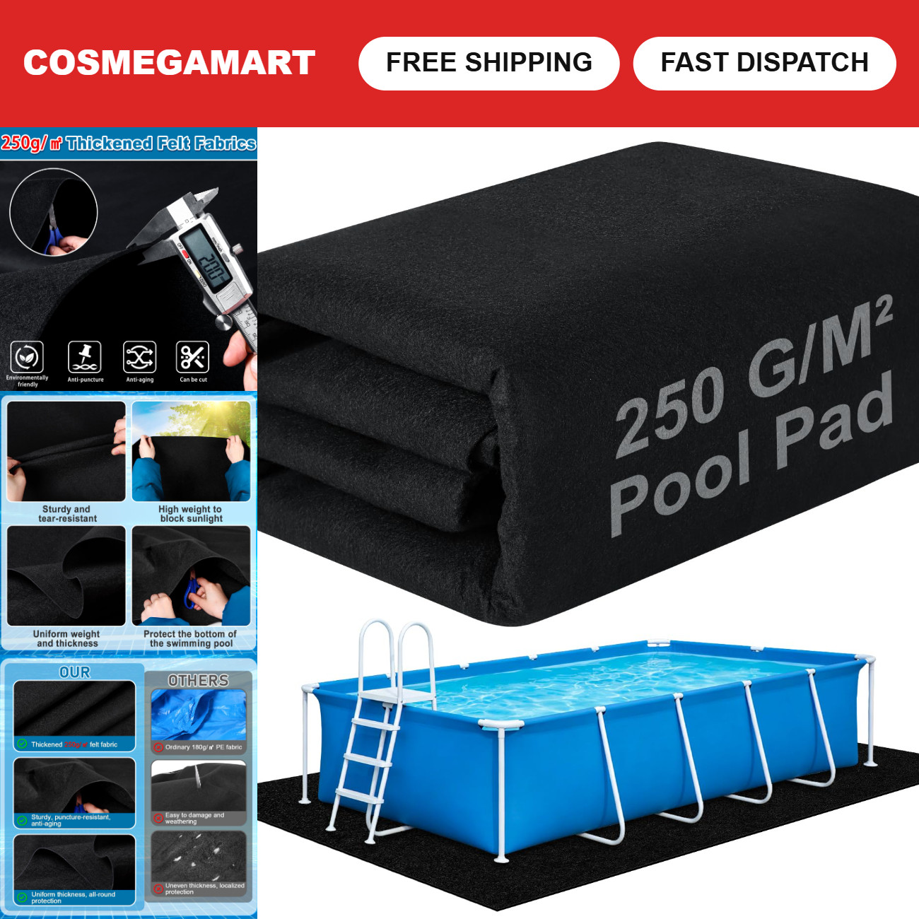 Rectangular Pool Liner Pad 11x7.5ft for Above Ground Swimming Pools, Durable & W