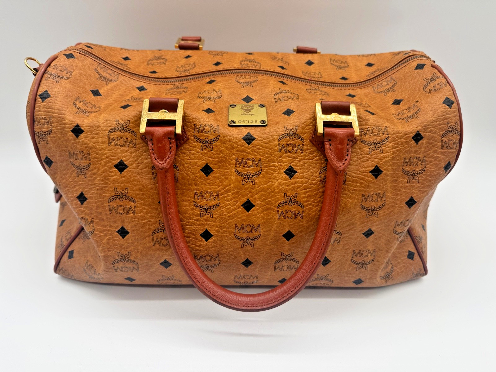 Vintage MCM Cognac Visetos Boston Bag Satchel Monogram Gold Hardware 0612B Vintage MCM Cognac Visetos Boston Bag Satchel Monogram Gold Hardware 0612B