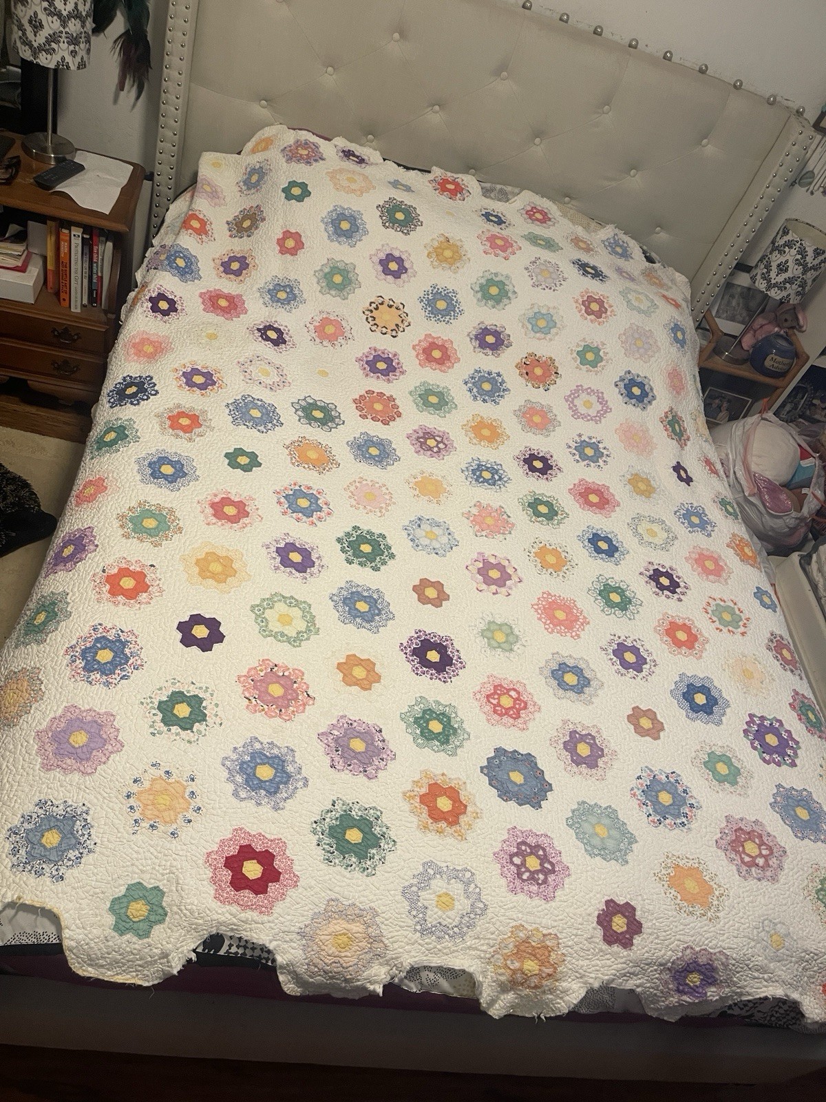 Vintage Grandmother\'s Flower Garden Hand Quilted Patchwork Quilt 85” x 76” Multi