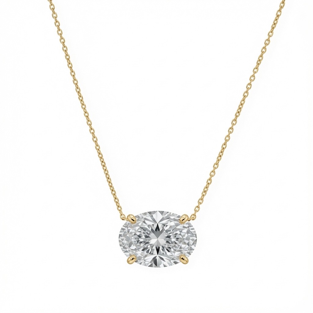 1/3 Ct Oval Lab Grown Floating Diamond Necklace East-West 14K Yellow Gold F/VS