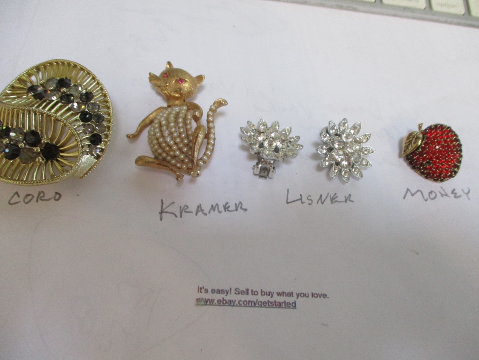 LOT #5  VINTAGE KRAMER SIGNED KITTY PIN & OTHER JEWELRY= 5 PIECES. ALL EXC CND.
