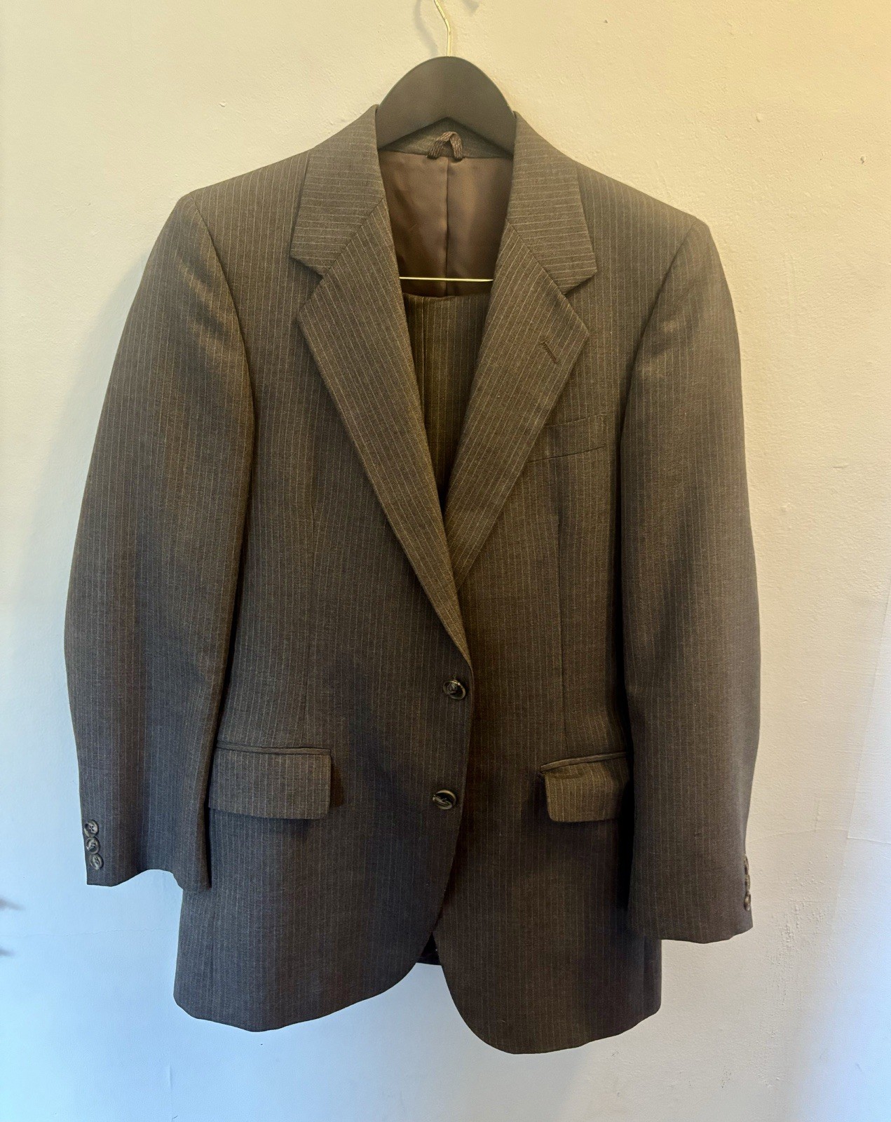 Vintage 70s Brown Pinstripe 2 Piece Suit Wide Lapel Mens 29 Waist
