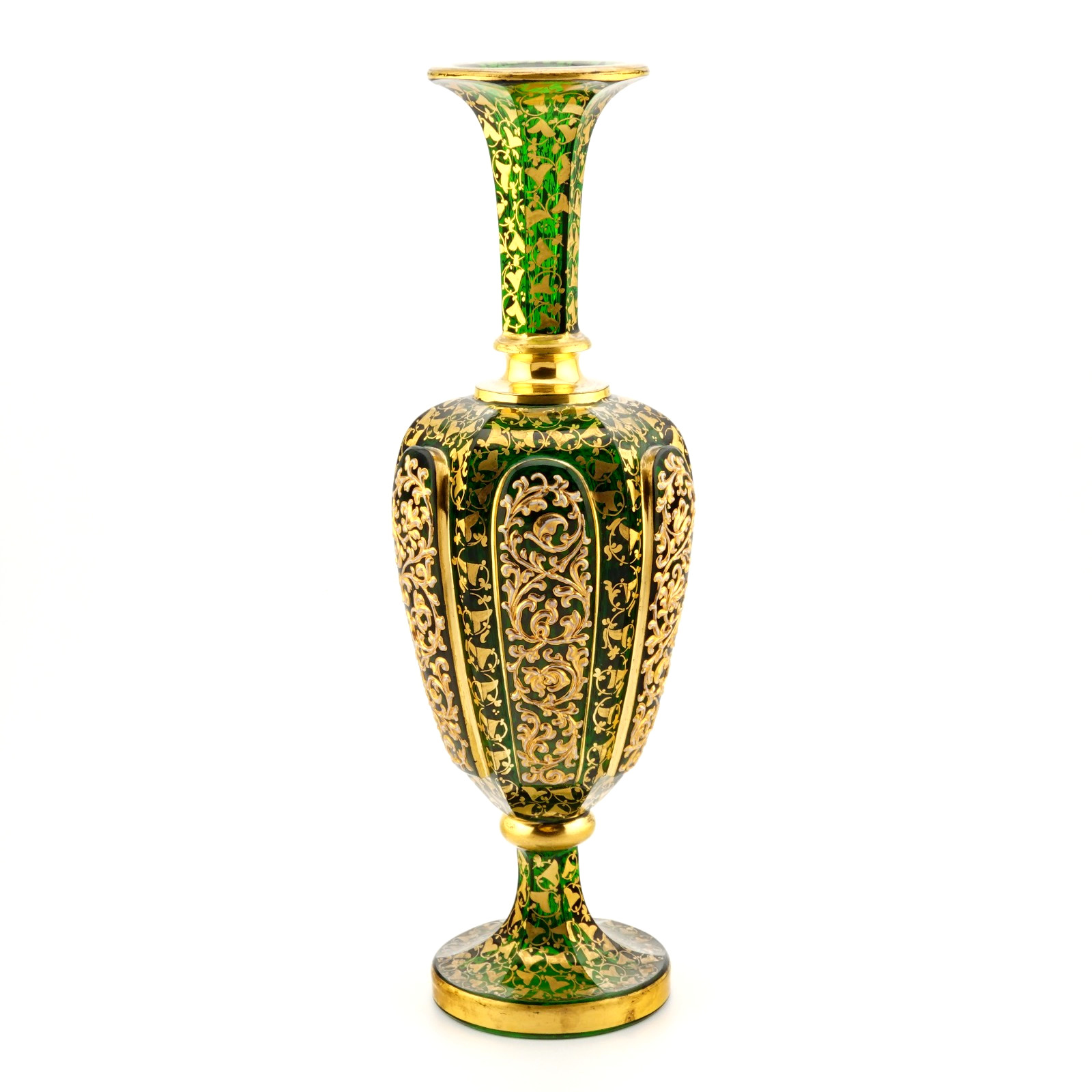 c1890 ANTIQUE 19thC BOHEMIAN GREEN CUT GILDED GLASS VASE, RAISED GILT DECORATION