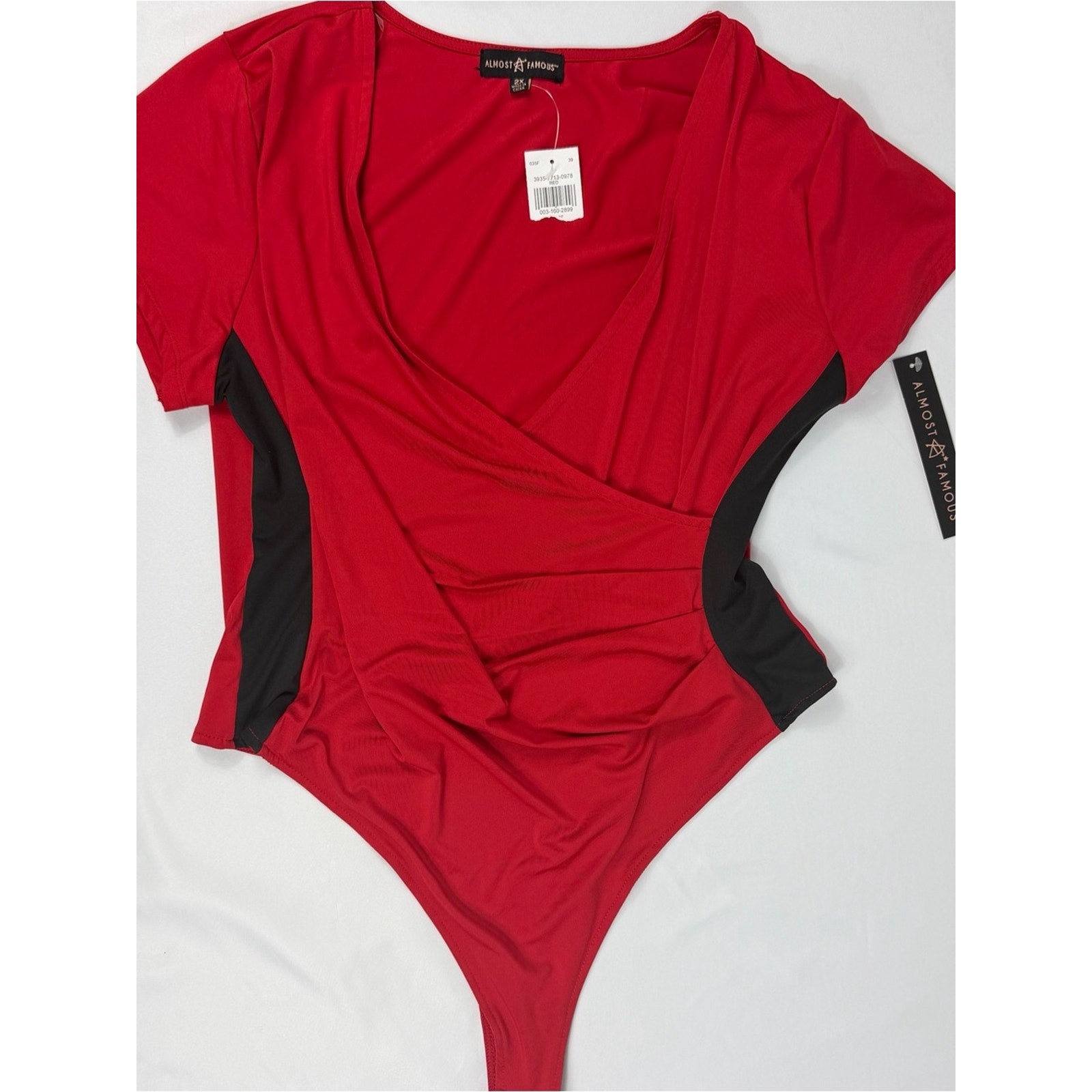 Almost Famous Bodysuit 2X Red Black Wrap Ruched NWT
