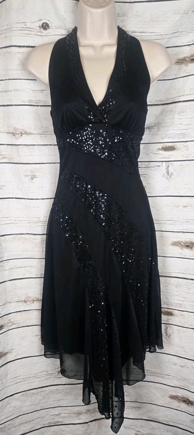 Vintage Y2K Rampage Black Halter Dress S Sequins 90\'s Chiffon  Asymmetrical