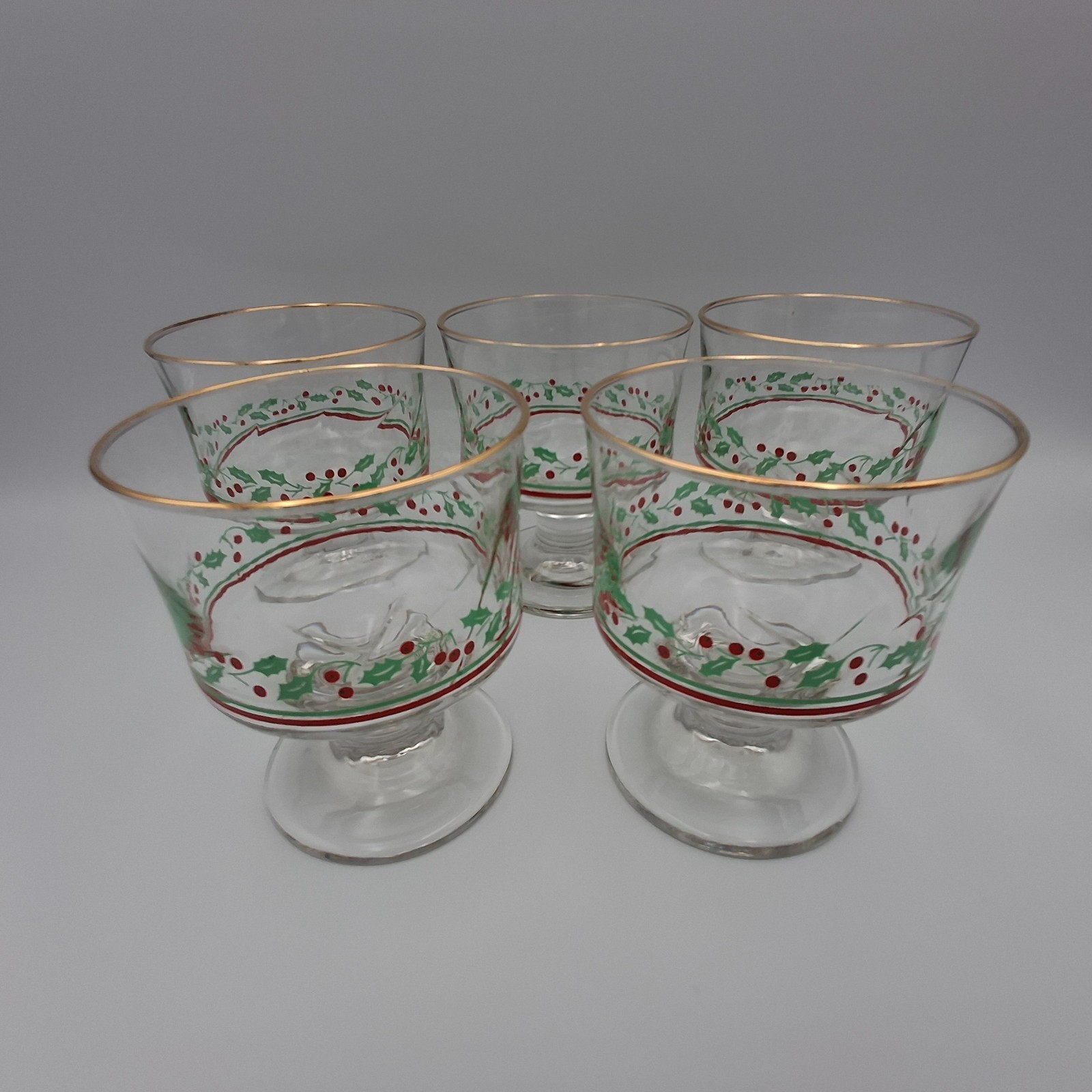 5 VTG Arby/Libbey Glass Co. Holly & Berries Footed Swirled Glass Bowls Christmas 5 VTG Arby/Libbey Glass Co. Holly & Berries Footed Swirled Glass Bowls Christmas