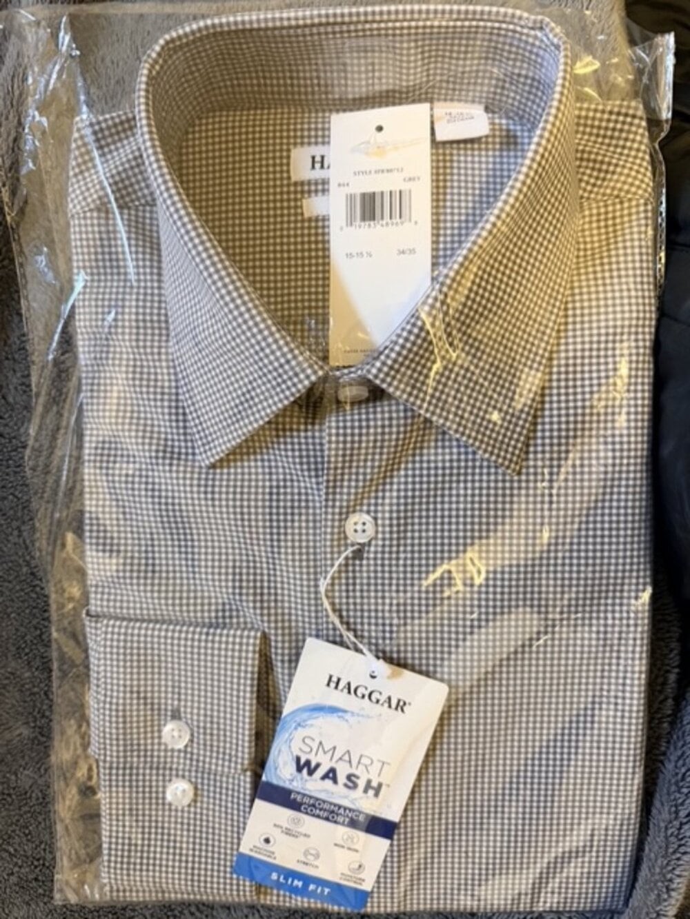 Haggar Smart Wash Slim Fit Dress Shirt Mens 15.5 34/35 Gray Gingham NWT
