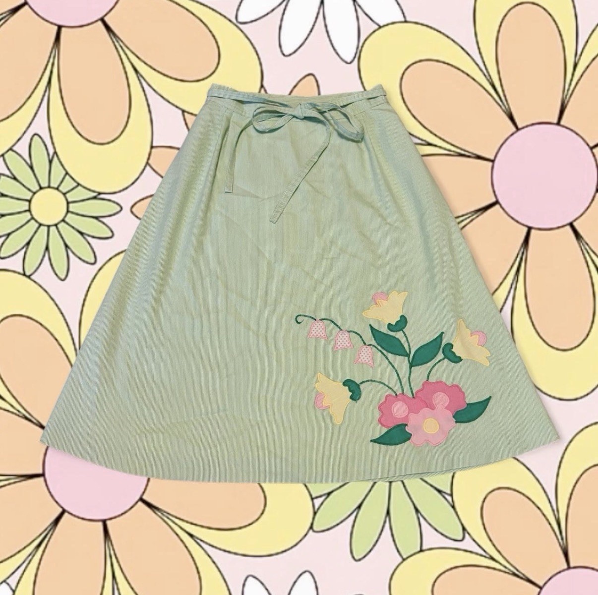 Vintage 60s Mint Green Wrap Skirt With Embroidered Floral Design S/M Vintage 60s Mint Green Wrap Skirt With Embroidered Floral Design S/M