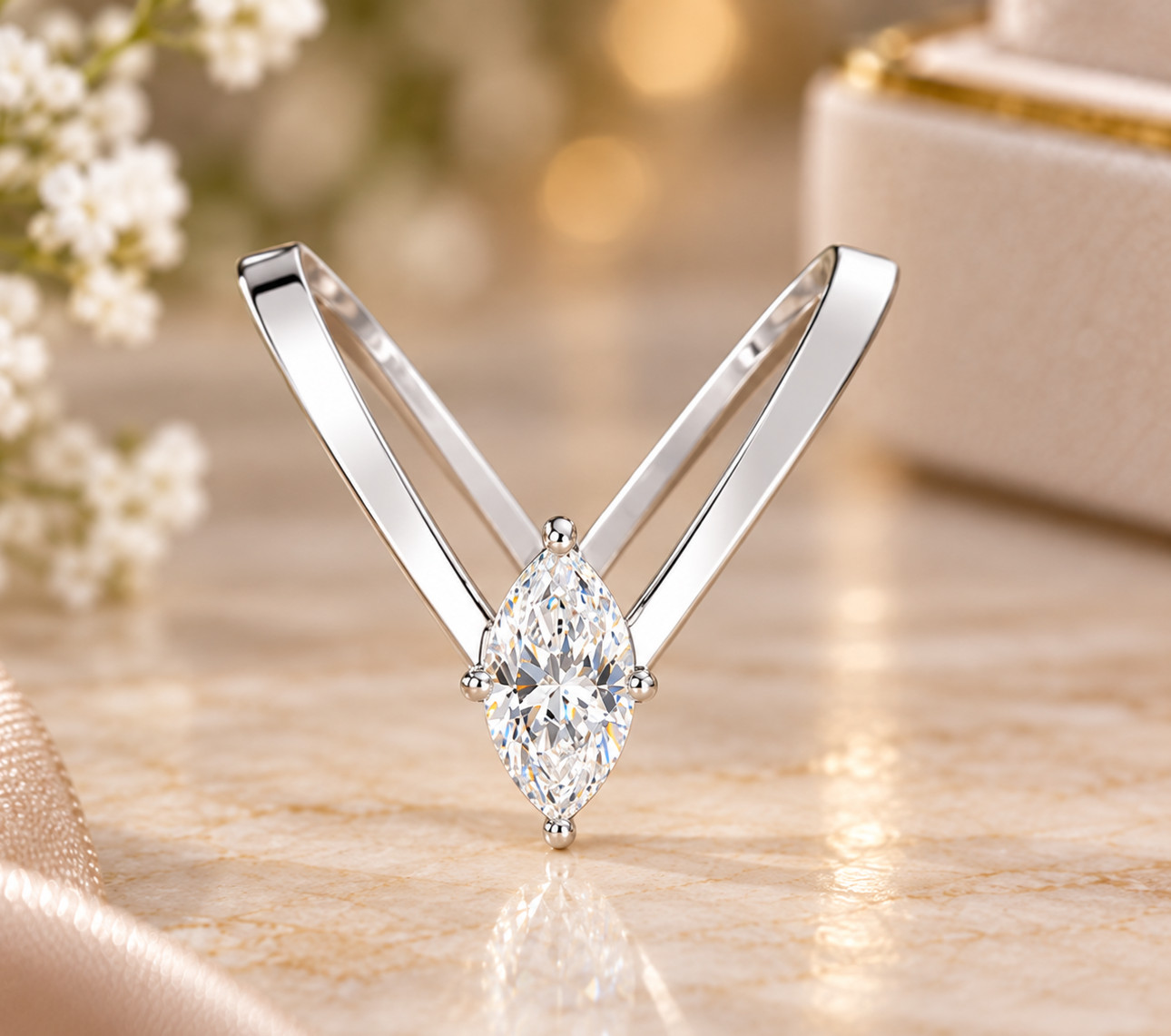 IGI 1.00 Ct Marquise-Cut Lab Grown Diamond Engagement Vanki Ring 14k White Gold