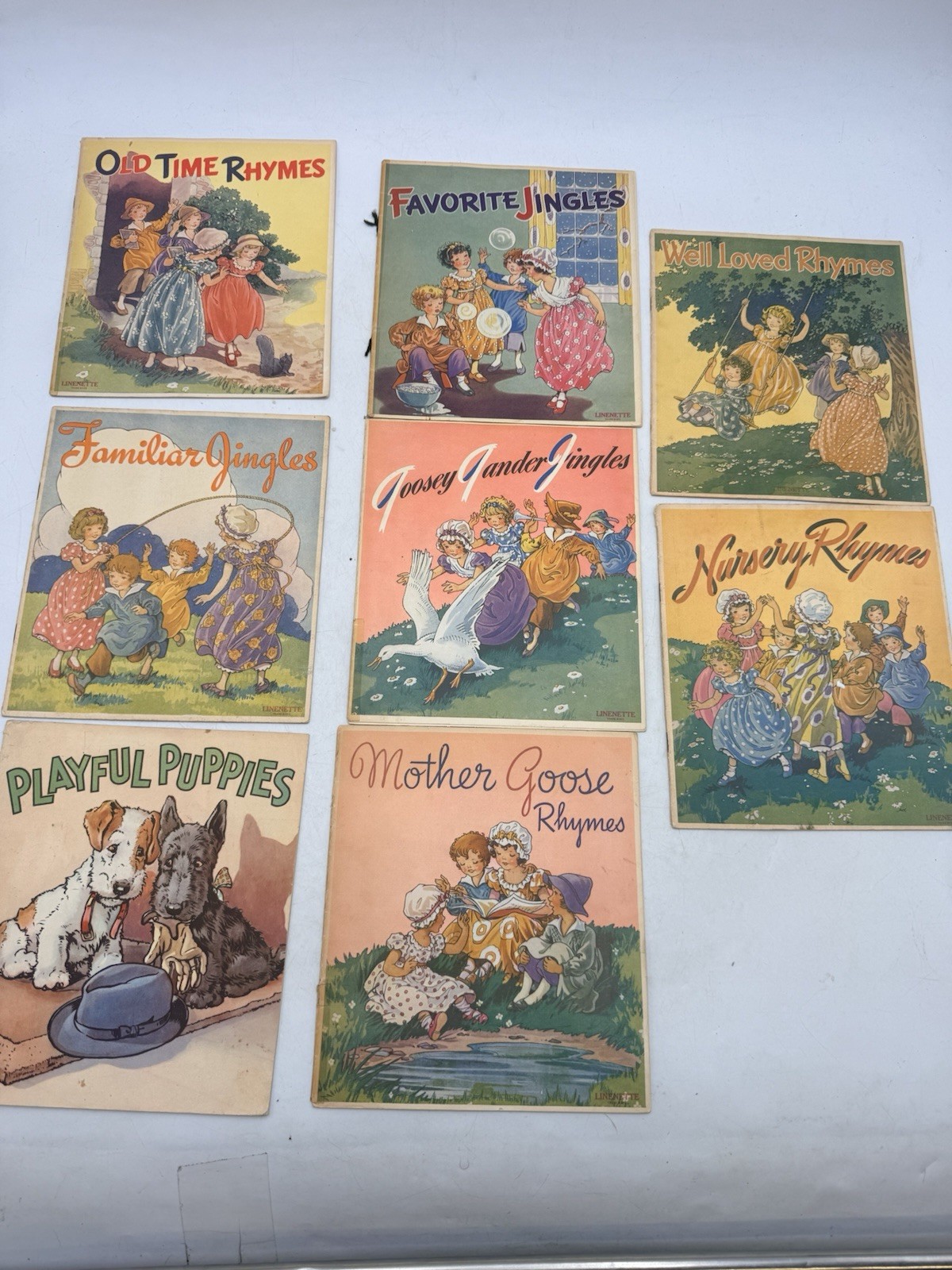 Lot of 8 Vintage 1920s Sam\'l Gabriel Mother Goose Nursery Rhyme Linenette Books