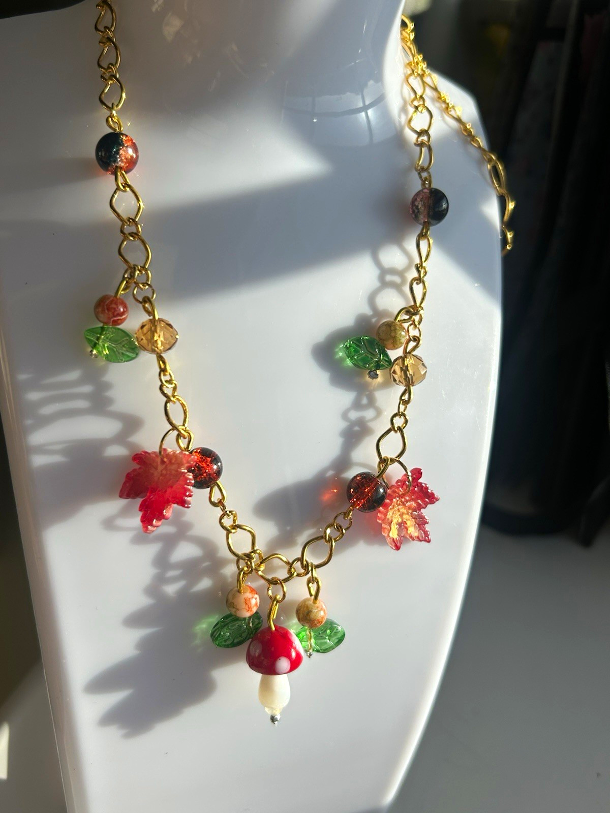 Autumn Fall Mushroom Leaf Glass Pendant Gold Chain Necklace HandmadebyHattie Autumn Fall Mushroom Leaf Glass Pendant Gold Chain Necklace HandmadebyHattie