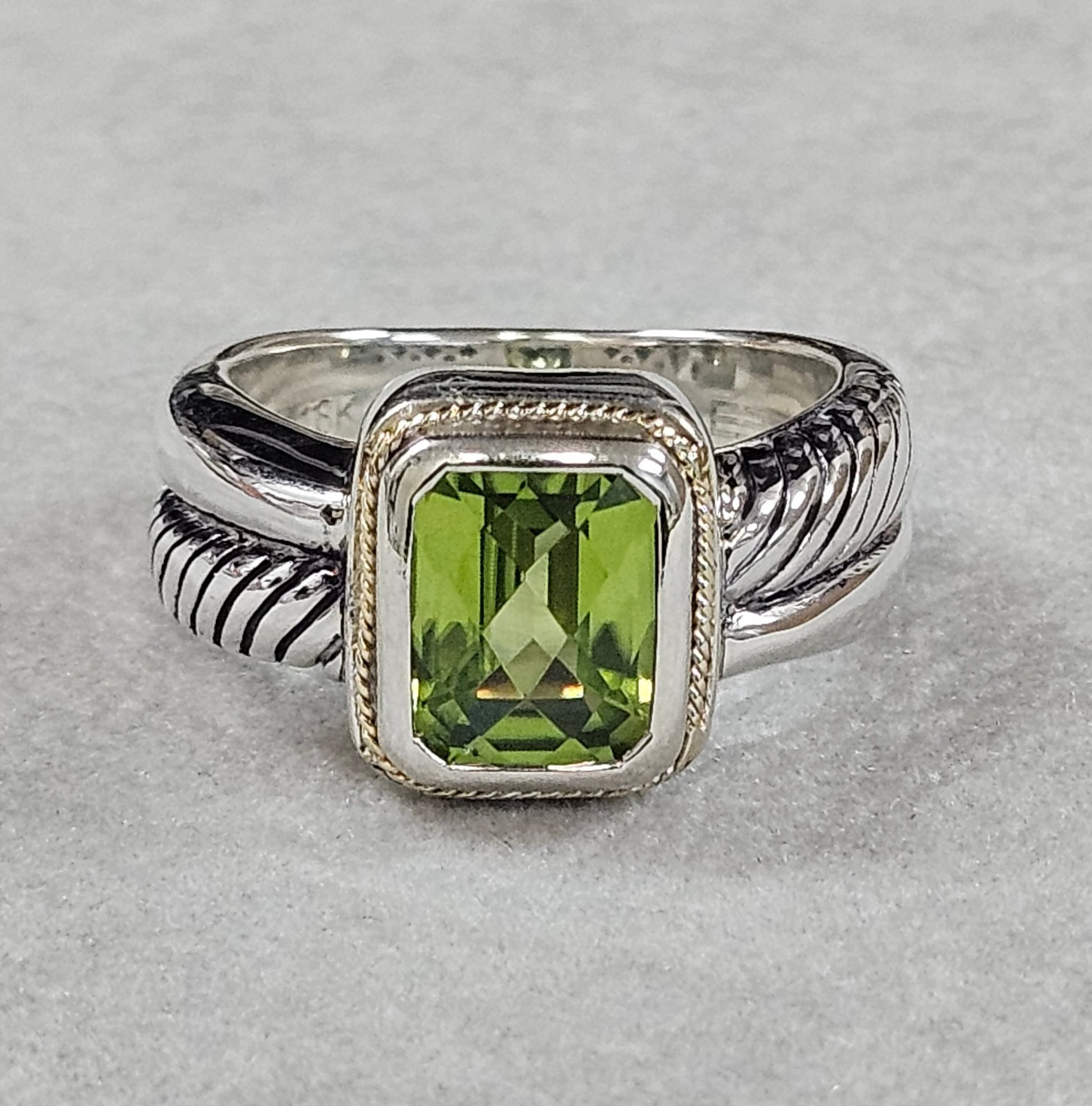 EFFY 925 Silver 18K Gold Accent Checkerboard Peridot Statement Ring Size 7