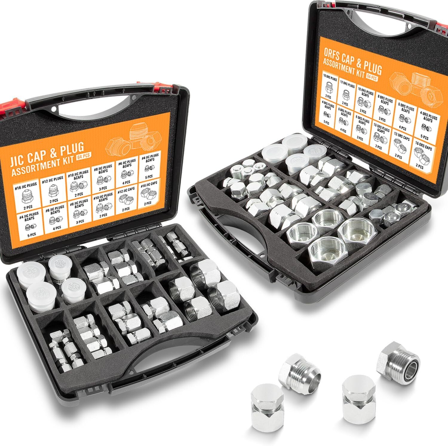 128Pcs JIC & ORFS Cap /Plug Assortment Kit, Hydraulic Hose Tube & Pipe Fittings