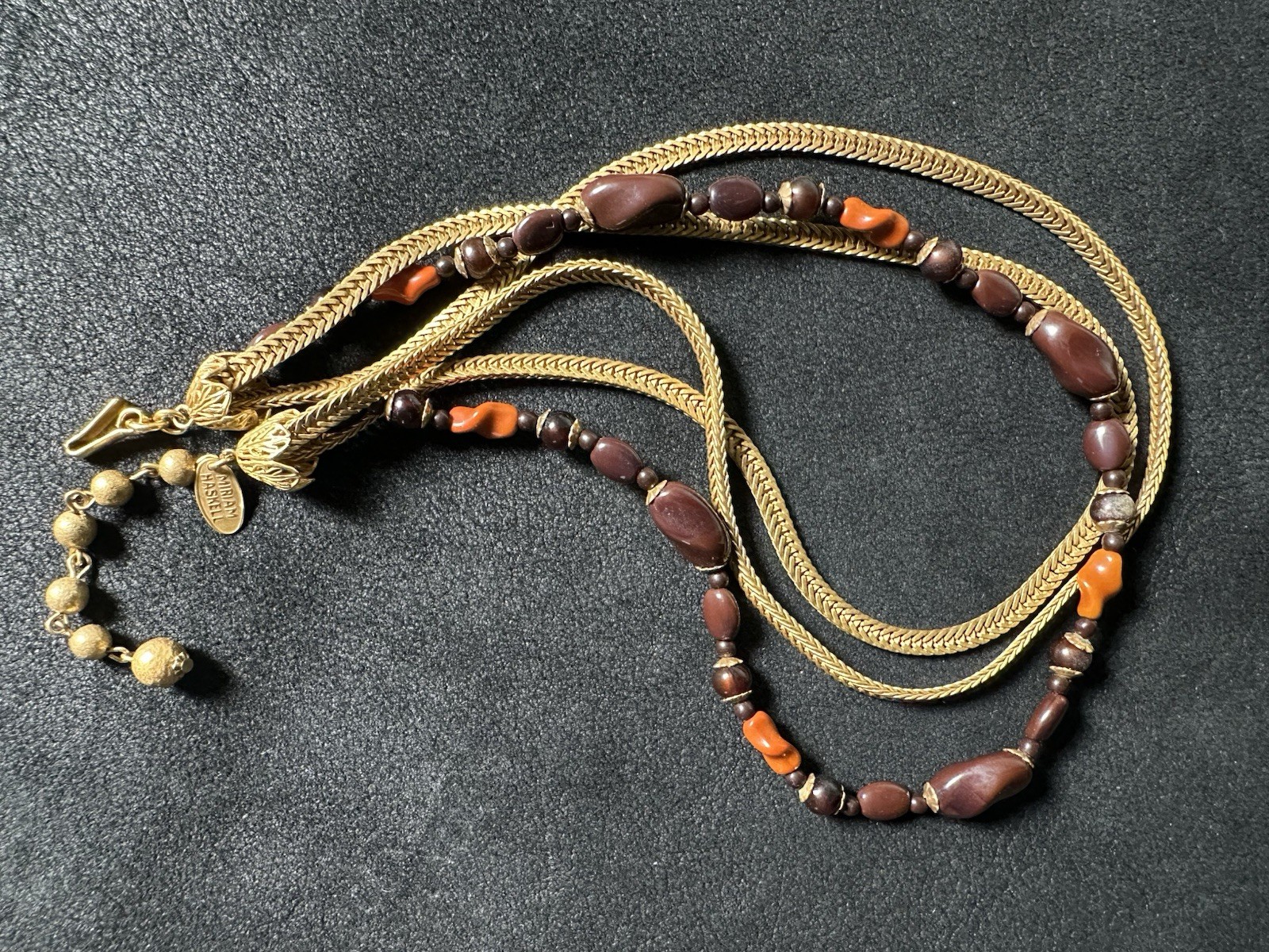 Vintage Miriam Haskell Signed 3-Strand Necklace Brown And Gold Tone Neck Vintage Miriam Haskell Signed 3-Strand Necklace Brown And Gold Tone Neck