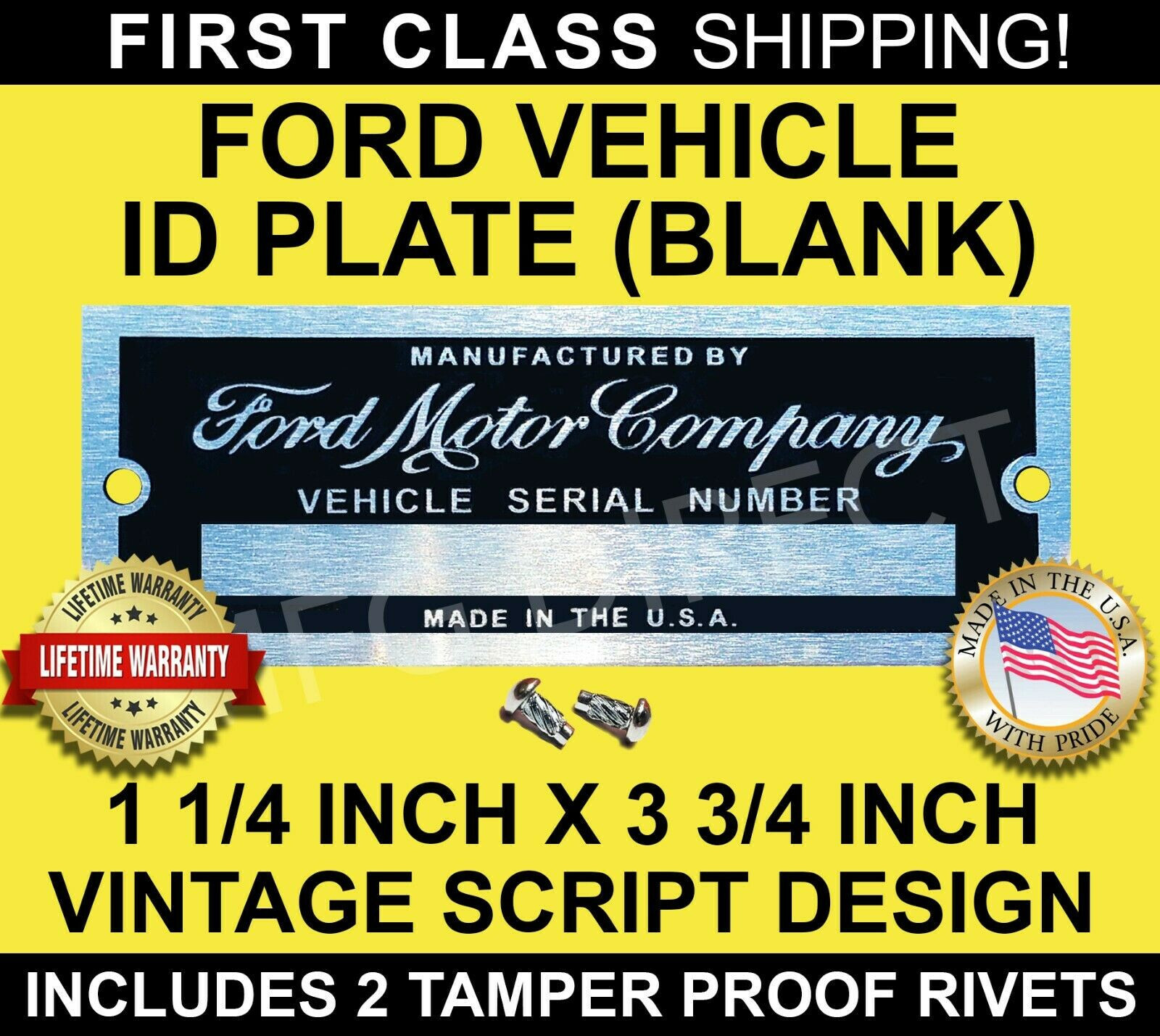 SERIAL NUMBER FORD ID TAG DATA PLATE VINTAGE SCRIPT DESIGN CUSTOM (BLANK) USA SERIAL NUMBER FORD ID TAG DATA PLATE VINTAGE SCRIPT DESIGN CUSTOM (BLANK) USA