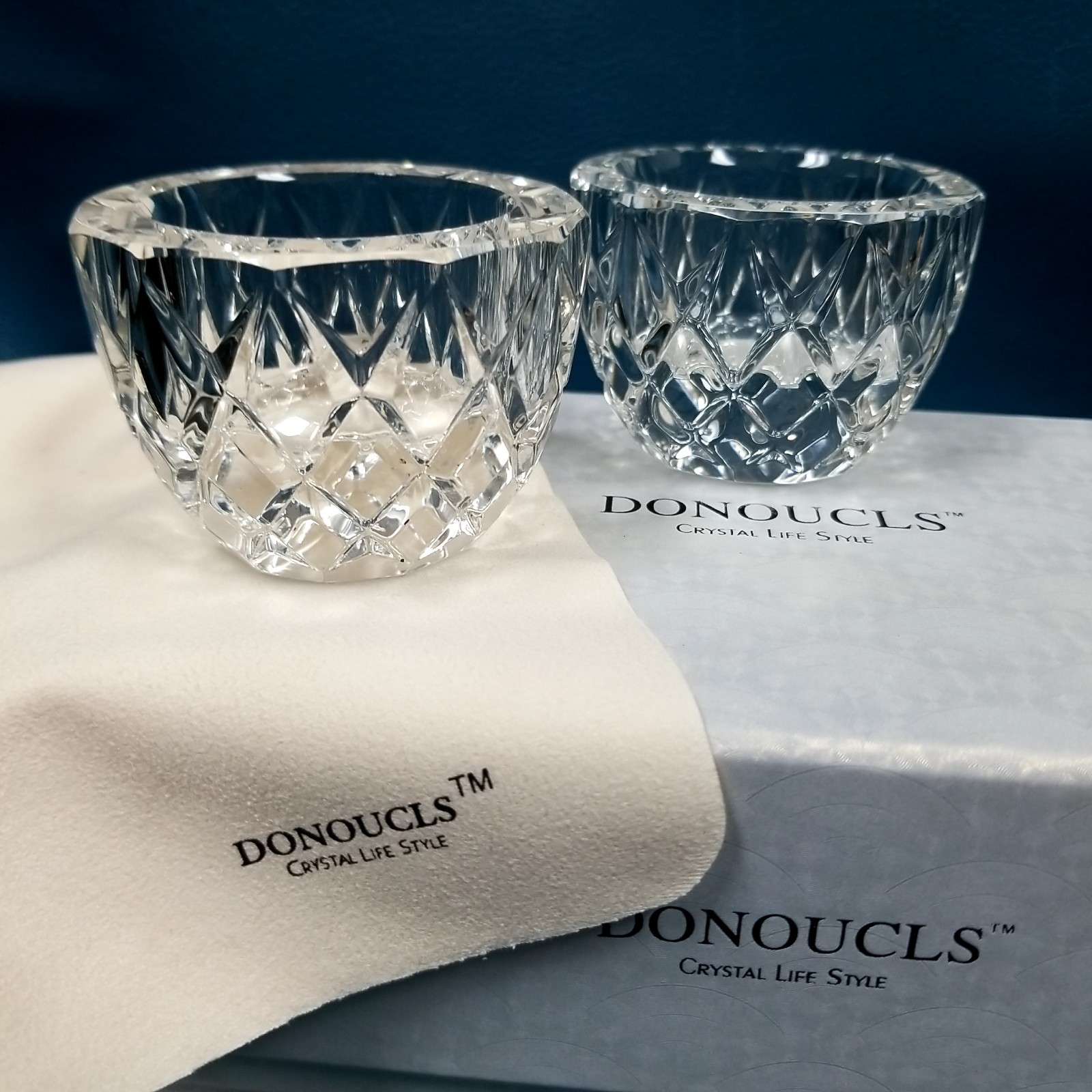 DONOUCLS Pair Clear Crystal Faceted Tealight Candle Holders in Box