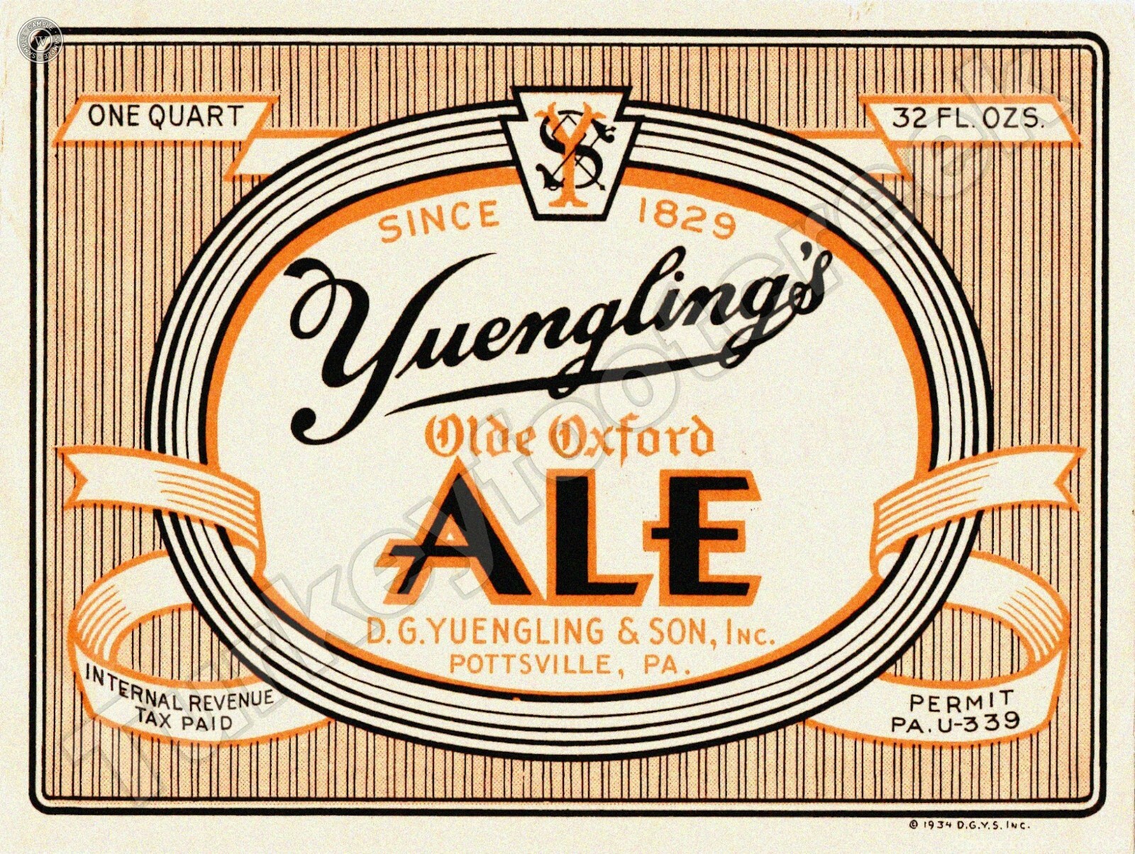 1934 Yuengling\'s Old Oxford Ale Beer Label 9\ 1934 Yuengling\'s Old Oxford Ale Beer Label 9\