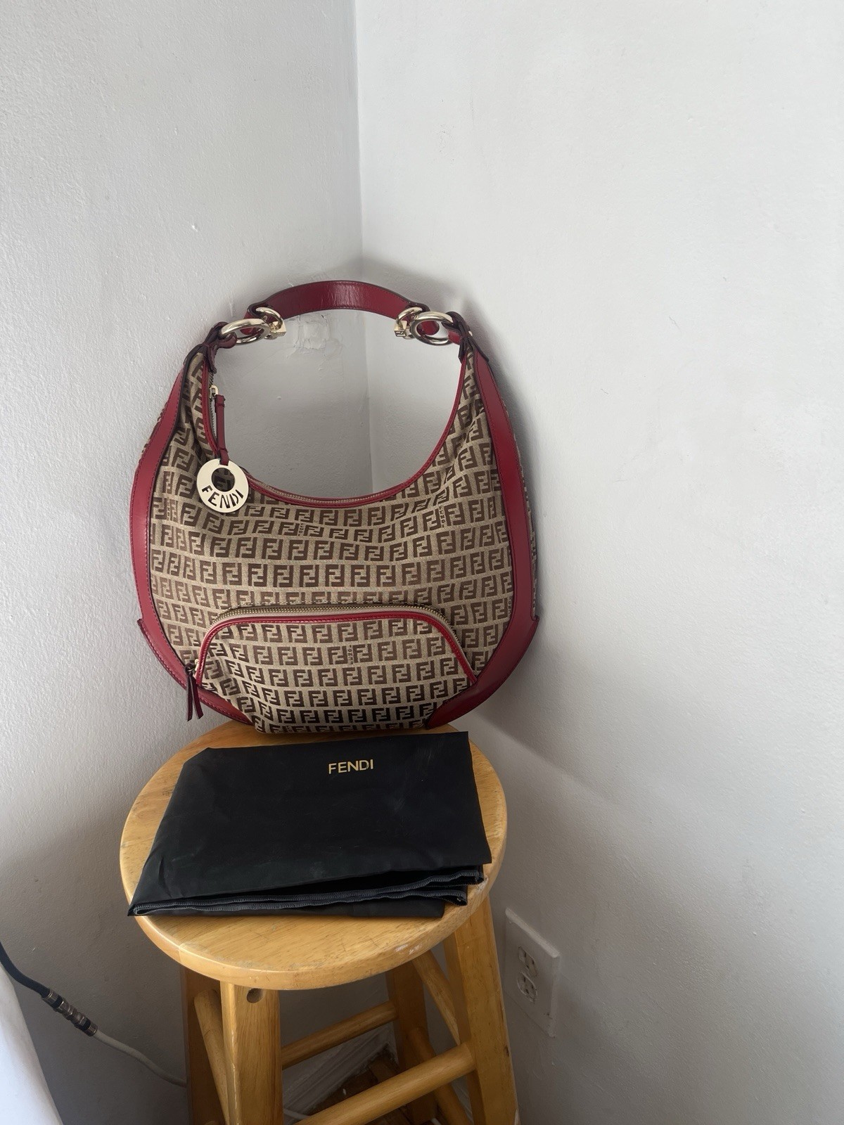 BNWOT vintage Fendi Zucchino FF Brown Monogram canvas Chef hobo bag Red Dust bag