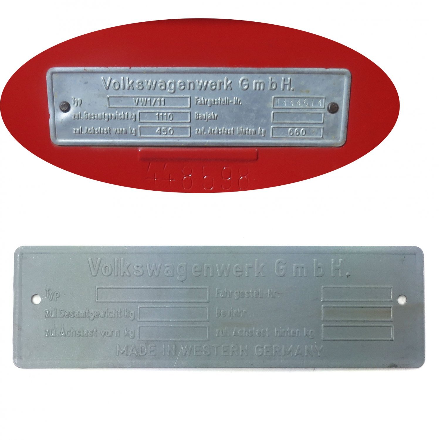 1949 - 1964 VW Volkswagen Early Metal VIN Name Plate fits Ghia Bug Bus Beetle