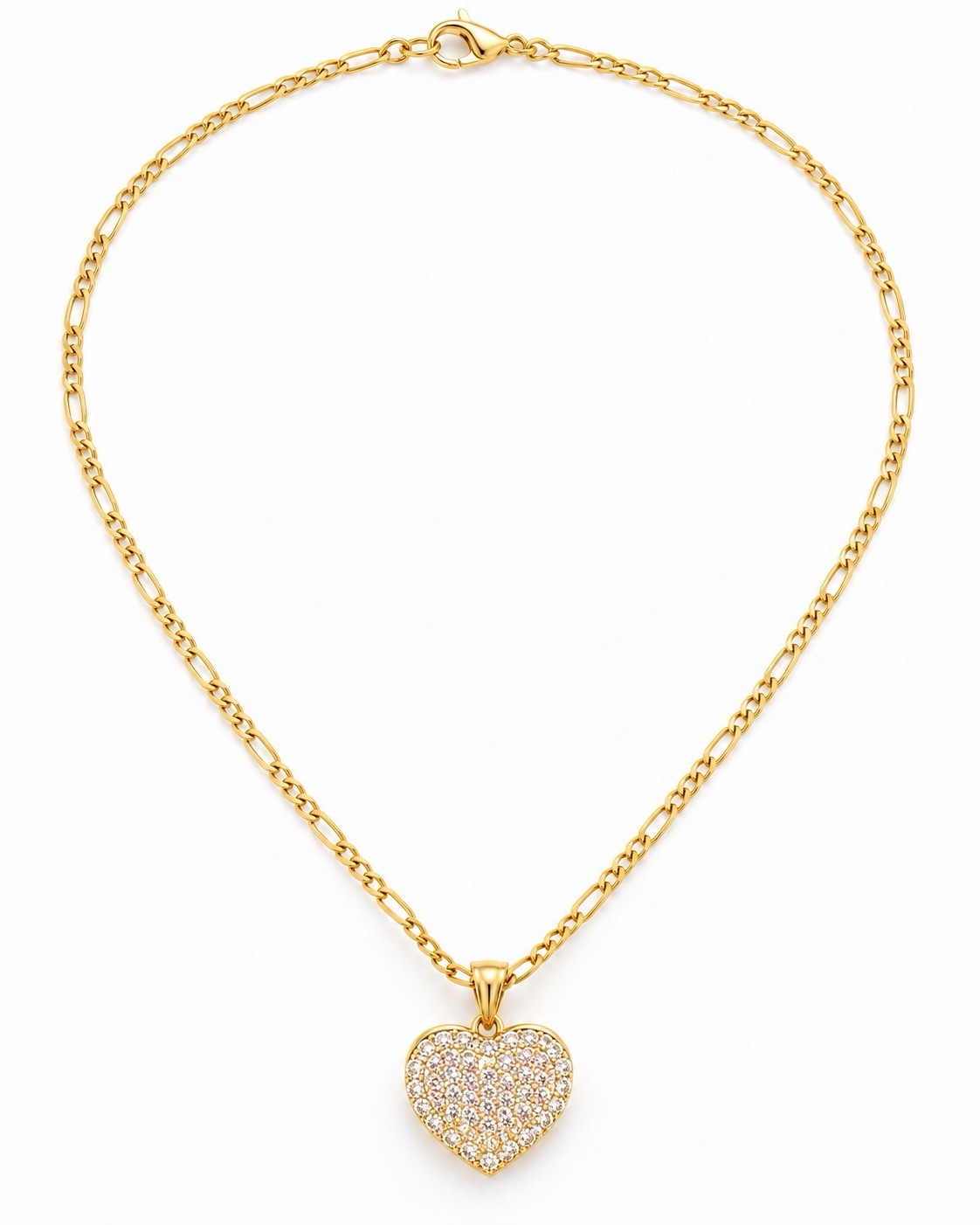 Gold Tone Gold Plated Cable Chain Necklace w/ Heart Pavé White Crystal Charm