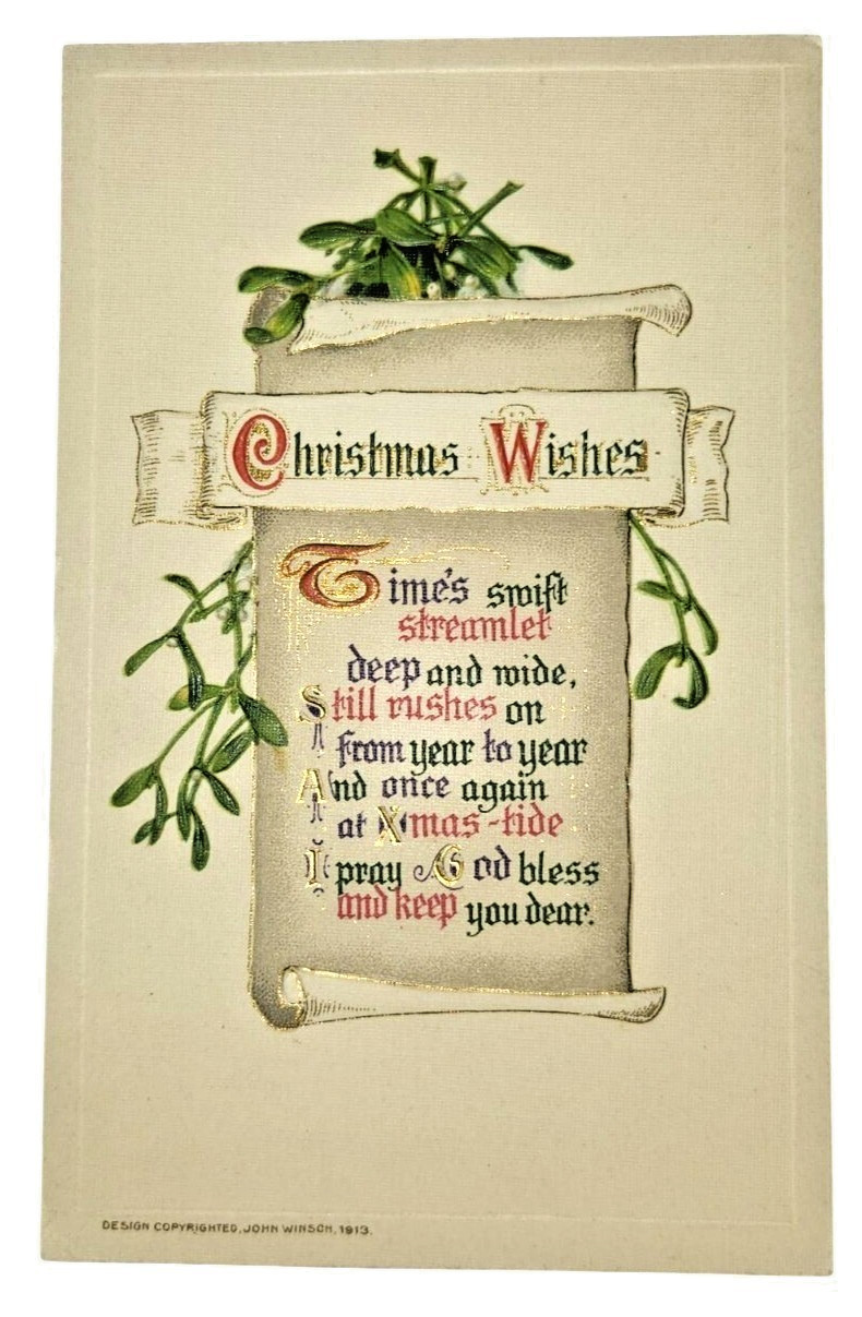 Antique 1913 John Winsch Christmas Postcard Mistletoe Embossed Gold Germany