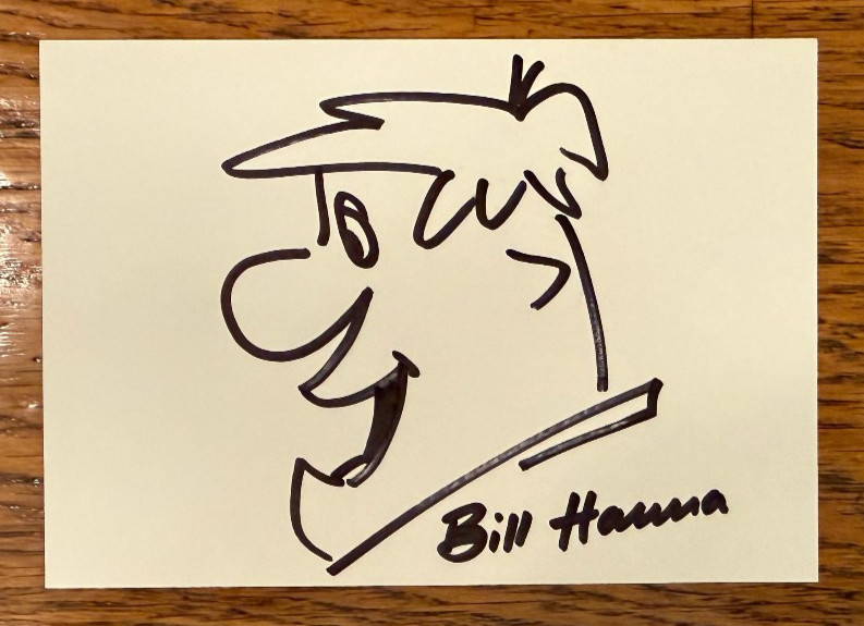 Bill Hanna Autograph & Sketch, Fred Flintstone, Signed, Hanna-Barbera Bill Hanna Autograph & Sketch, Fred Flintstone, Signed, Hanna-Barbera