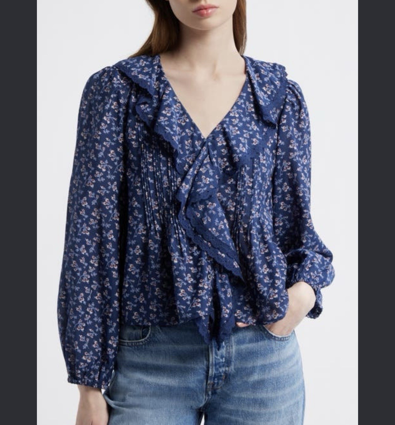 NWT Madewell Lace-Insert Pintucked Long Sleeve Top Small S Blue Floral NWT Madewell Lace-Insert Pintucked Long Sleeve Top Small S Blue Floral