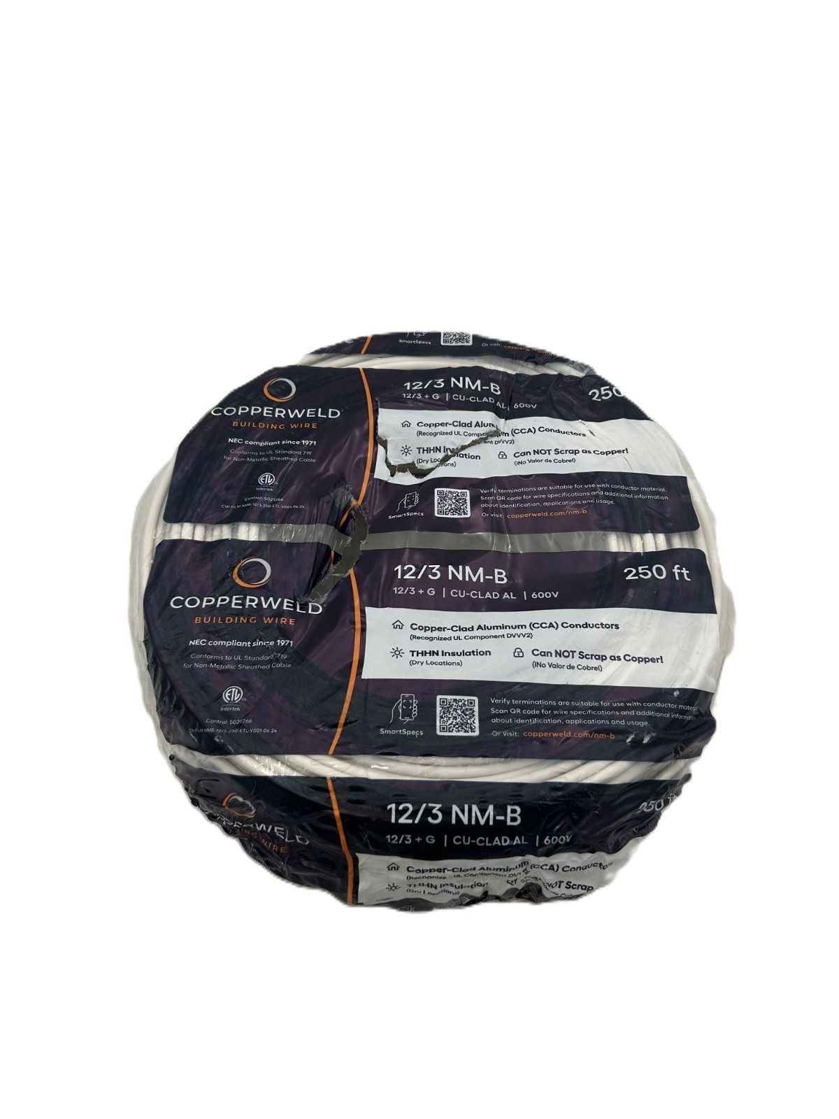 Copperweld 12/3 NM-B Solid Copper Clad Aluminum Wire 250ft 600V Copperweld 12/3 NM-B Solid Copper Clad Aluminum Wire 250ft 600V