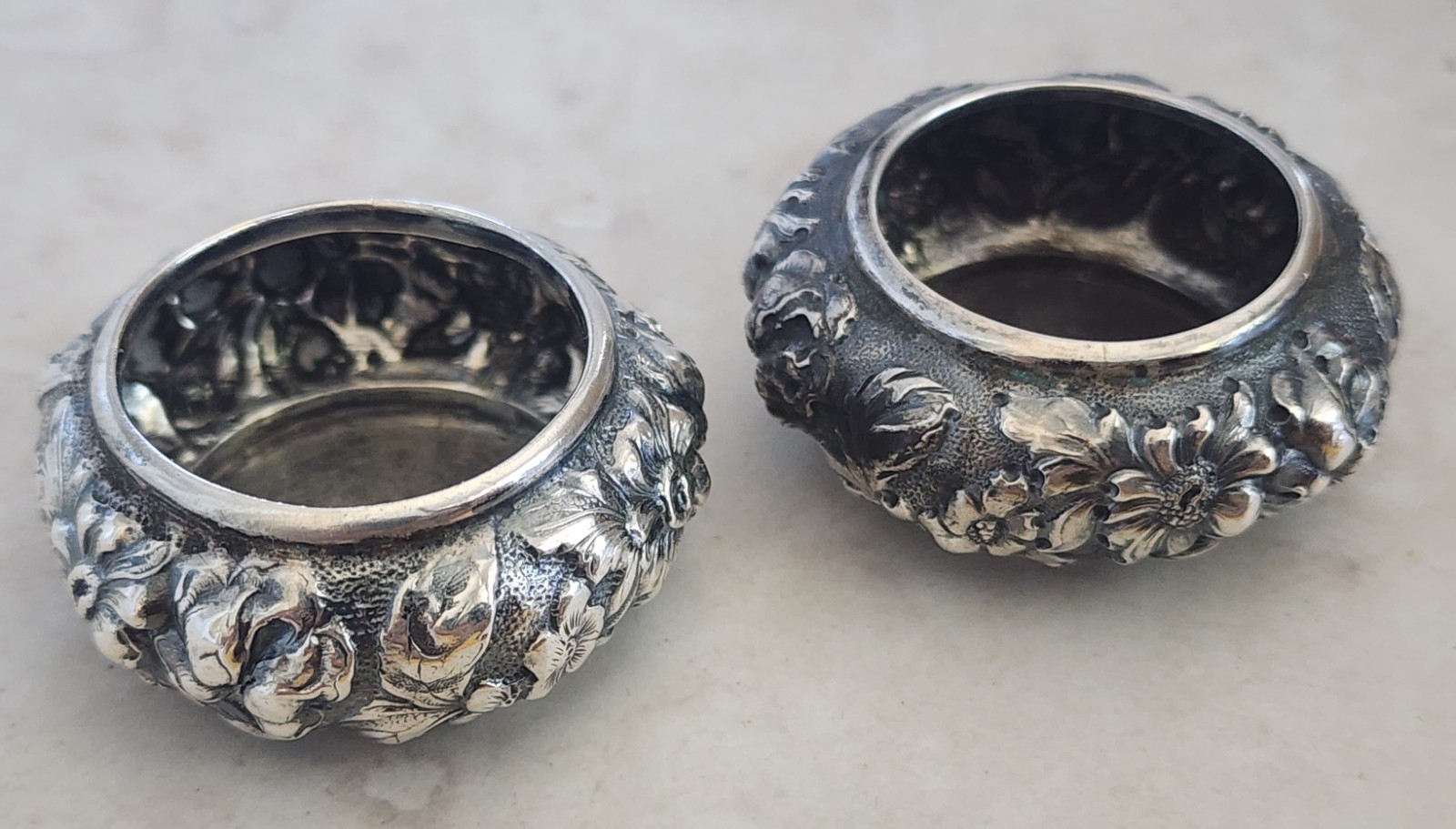 Stieff Pair Of Antique Victorian Sterling Silver Repousse Open Salt Cellars Stieff Pair Of Antique Victorian Sterling Silver Repousse Open Salt Cellars