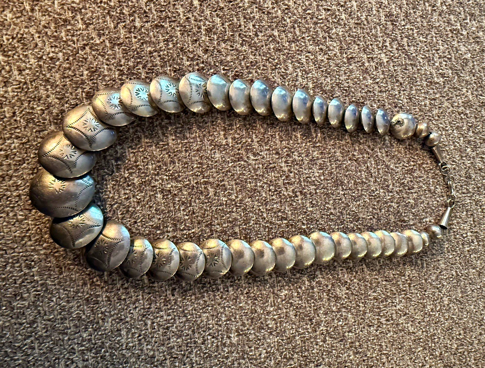 Vintage Navajo Hand-Stamped Graduated Sterling Silver Saucer Bead Necklace