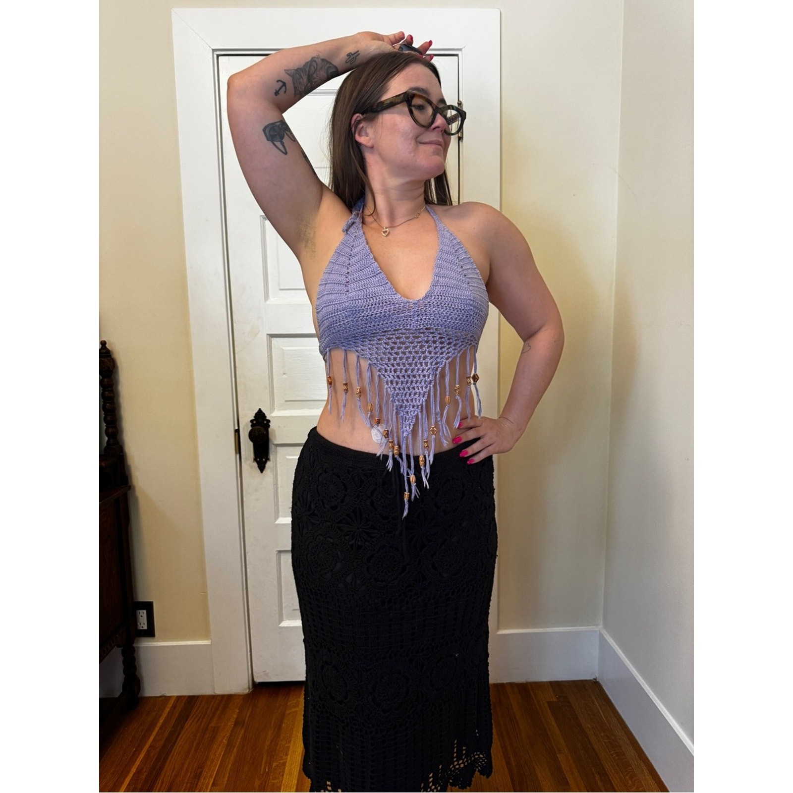 70s Handmade Lavender Crochet Halter Top OS