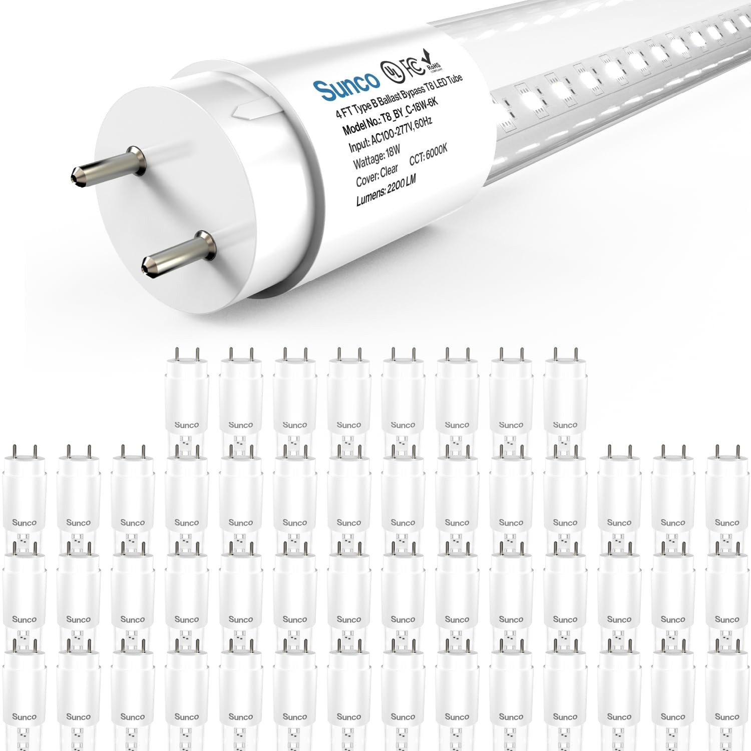 Sunco 50 Pack 4 Foot T8 LED Tube Light Bulbs, 18W, 6000K, Ballast Bypass