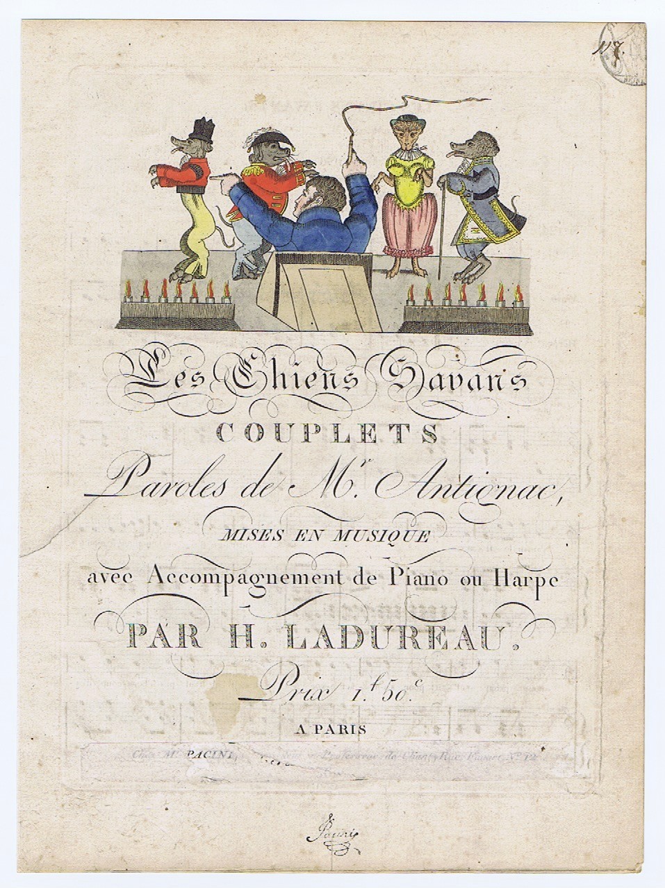 The Savant Dogs - c.1821 - Rare Parisian item - very early 19th century coloring The Savant Dogs - c.1821 - Rare Parisian item - very early 19th century coloring